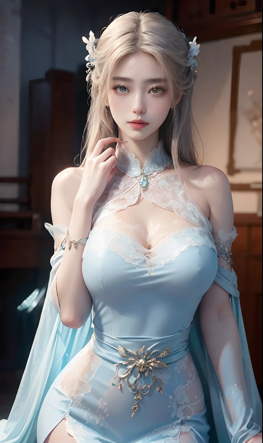 Art is、decorated with intricate patterns and bright colors,、flowing silky traditional oriental dress、It depicts a 20-year-old attractive woman wearing pink。Her dress draped elegantly over her curvaceous figure、Highlights her seductive silhouette。She stands gracefully on a quiet moonlit night、I was bathed in the soft light of the moonlight.。The scene is、With a mysterious and sexy touch、It exudes an ethereal dreamy atmosphere。Graphic style is、Blending watercolor and digital illustration techniques、It evokes a refined beauty and charm。The lights are filled with soft moonlight、Casting soft highlights and shadows on her charming features。bare thigh、huge tit、Three-dimensional facial features、enticing,You can see the panties.、A smile full of happiness、Taut、toned waist、Beautiful woman、Detailed beautiful female face、Big beautiful eyes
