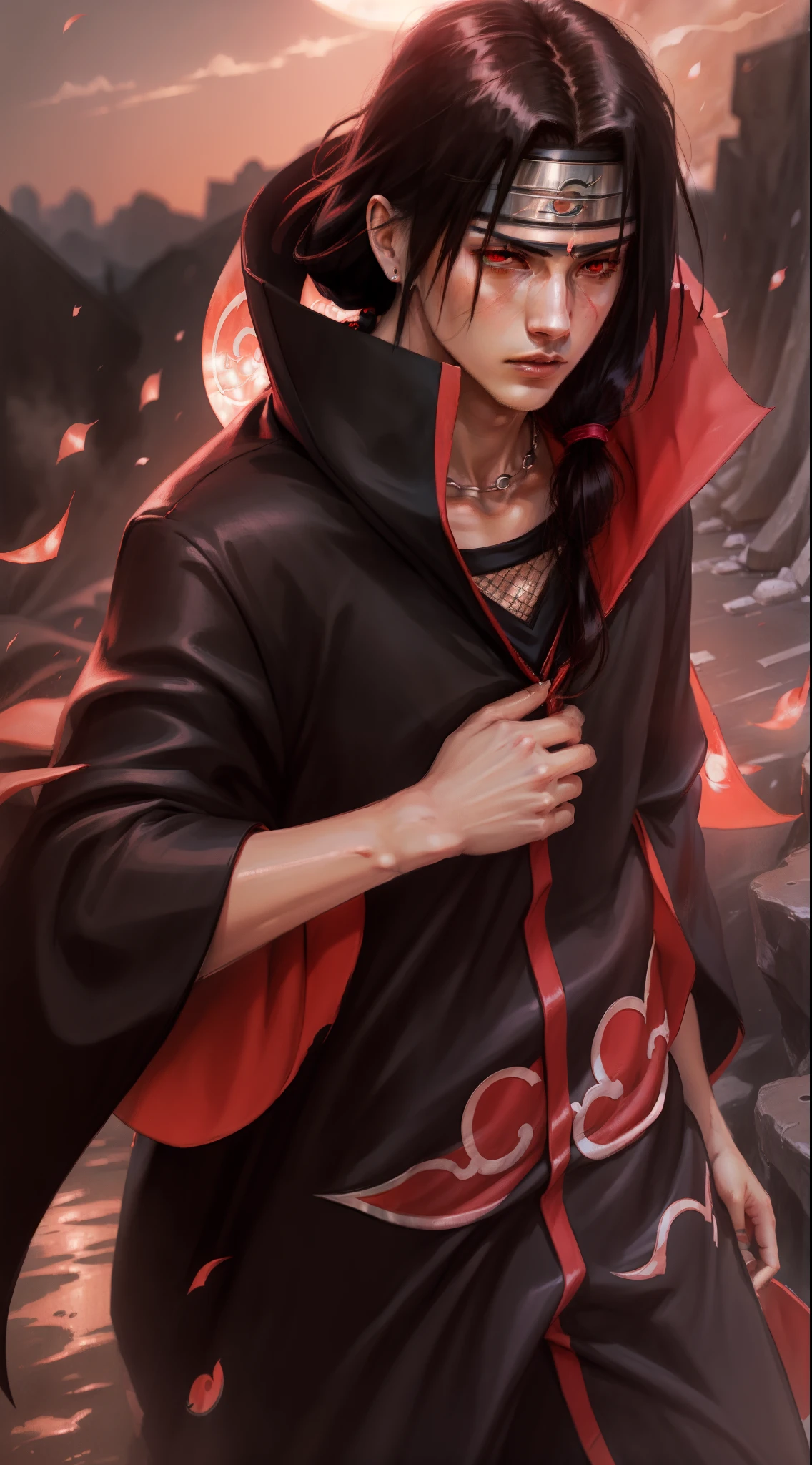 uchiha itachi
long hair
forehead protector
ninja
cloak
high collar
jewelry
necklace