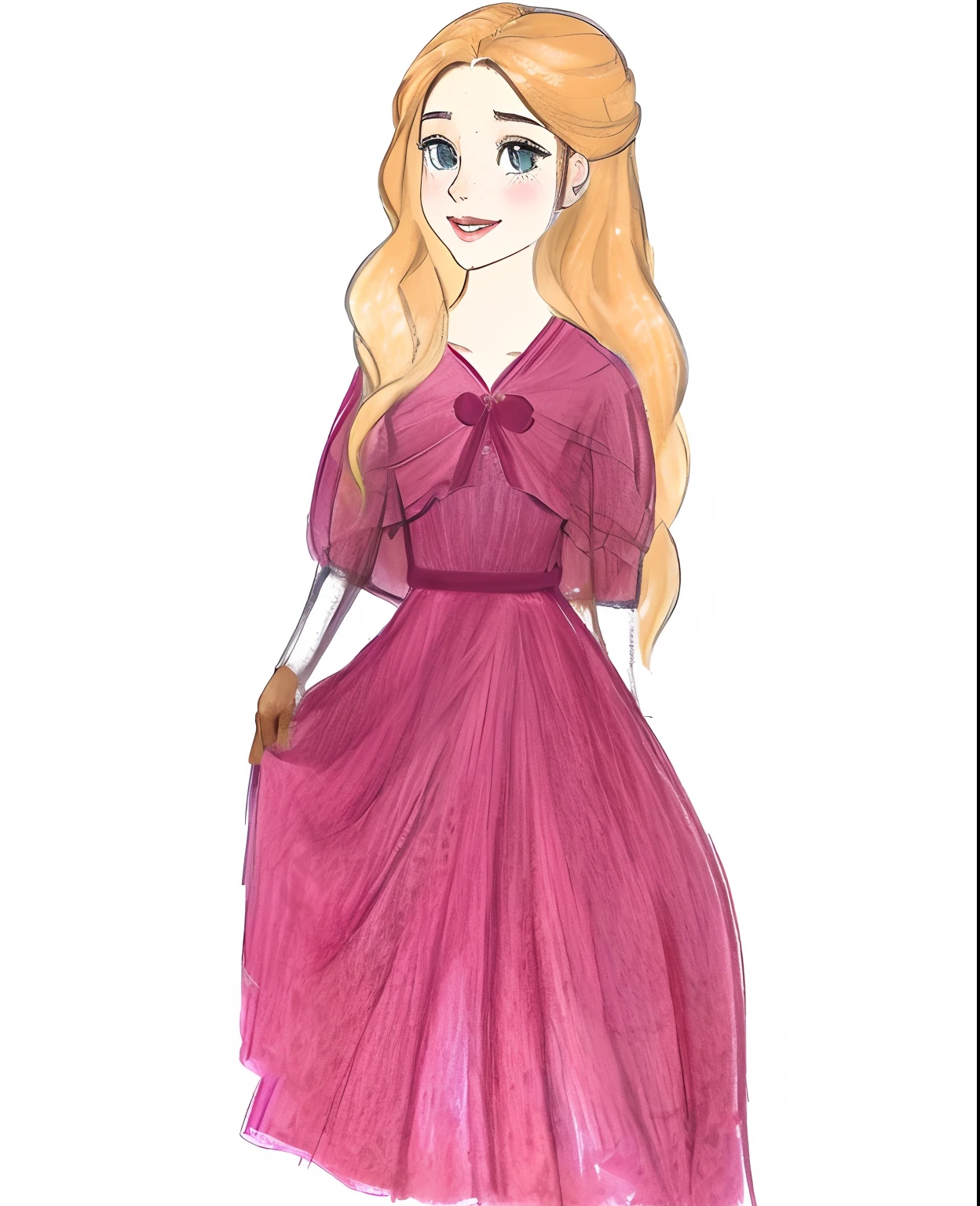 a drawing of a girl in a pink dress with a bow, colorful sketch, inspired by Emma Ríos, No Bowater Art Style, Loira - Princesa Cabelos, Inspirado em Reyna Rochin, desenho colorido, vestido em um vestido roxo, inspirado por Rosalie Emslie, Rapunzel, inspirado em Ann Thetis Blacker