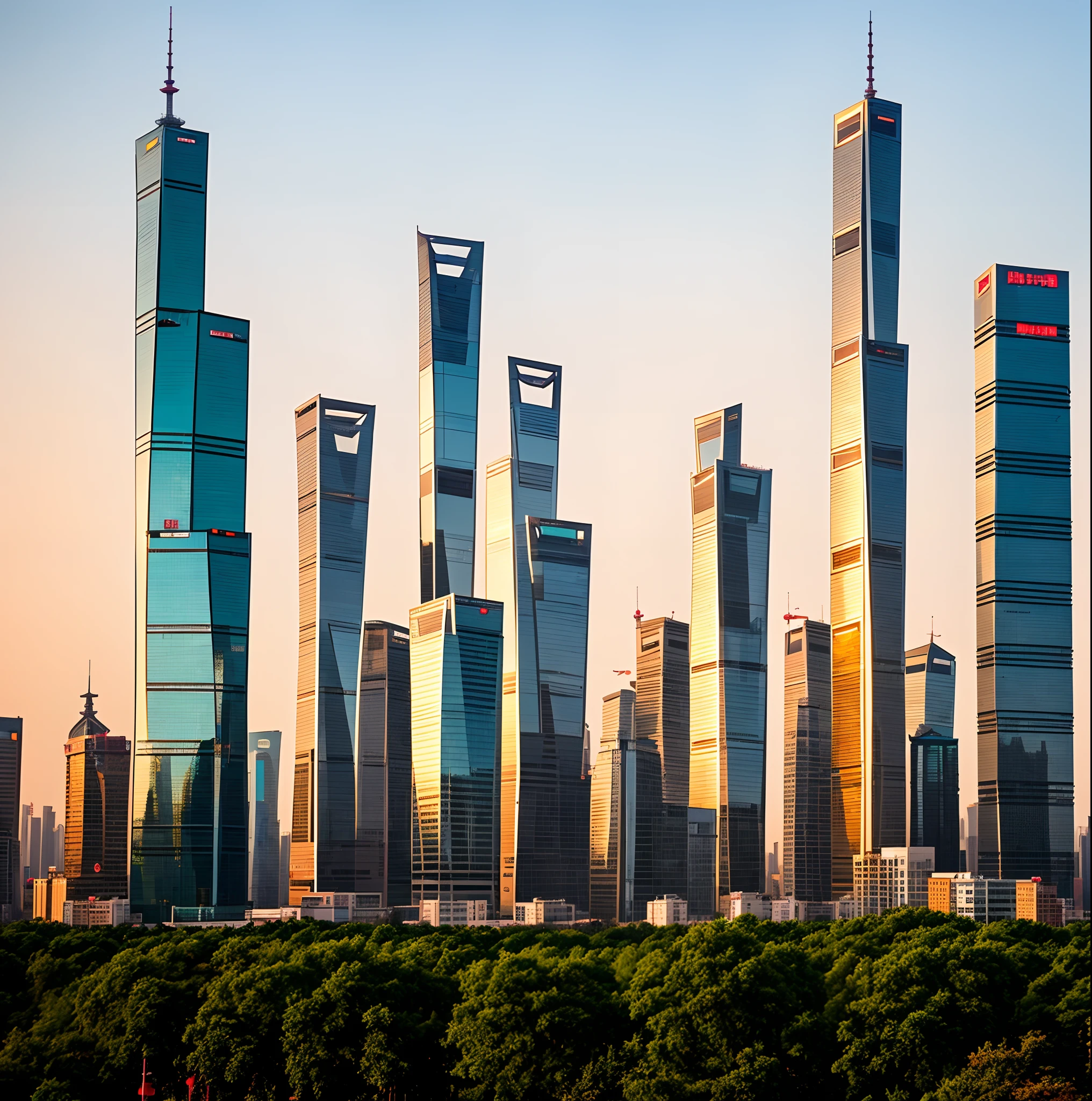 The charm of a city with high-rise buildings and clock towers, shanghai, towering over a city, inspired by Cheng Jiasui, with tall glass skyscrapers, golden hour in beijing, skyline showing, the building is a skyscraper, skyline showing from the windows, taller than a skyscraper, shanghai city, towering skyscrapers, shenzhen
