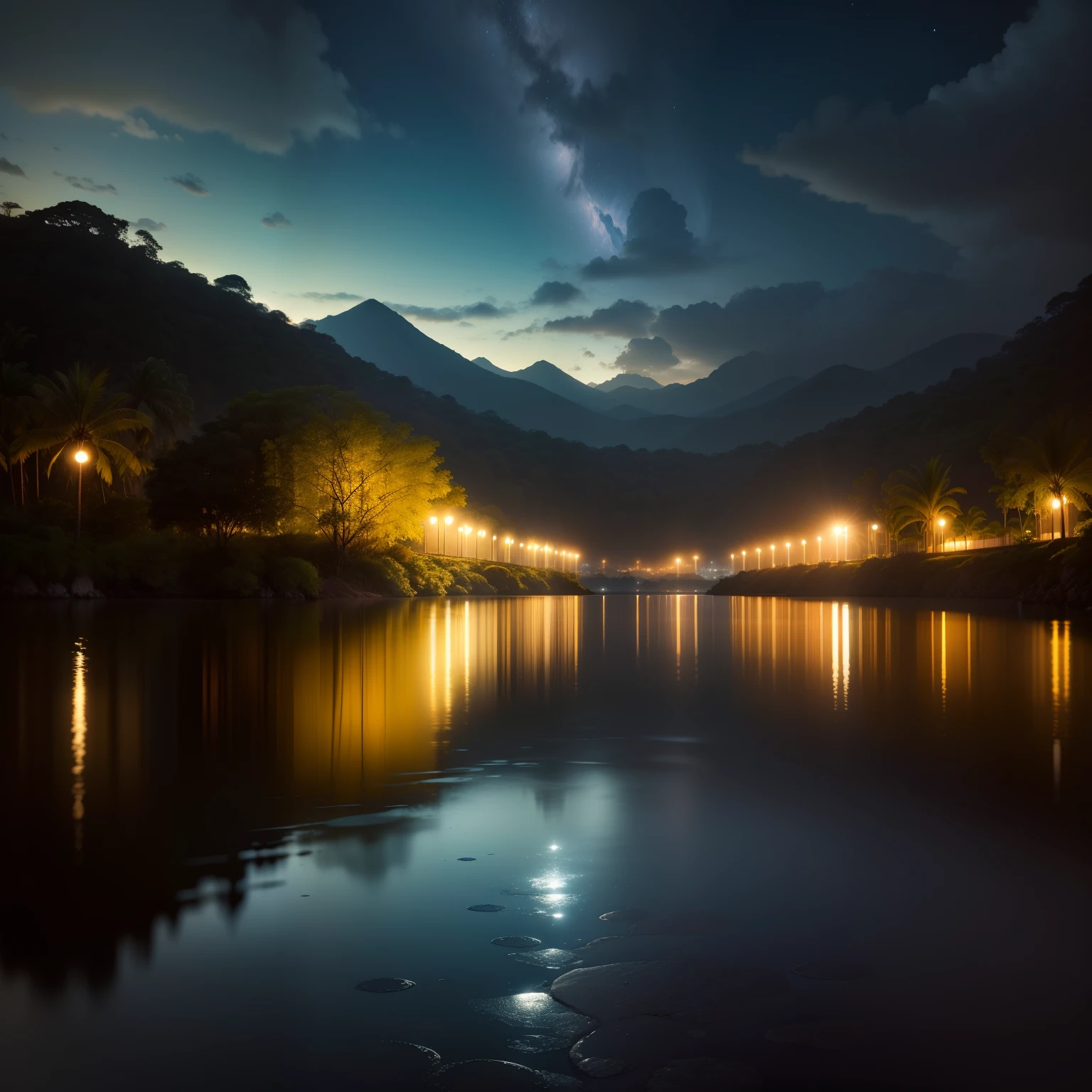 Paisagem ultra realista, lua sobre um rio, reflexo na agua, rio sercado pela mata, foto realista, paisagem, foto durante a noite, lua grande e redonda, reflexo da lua no rio, mata escura.