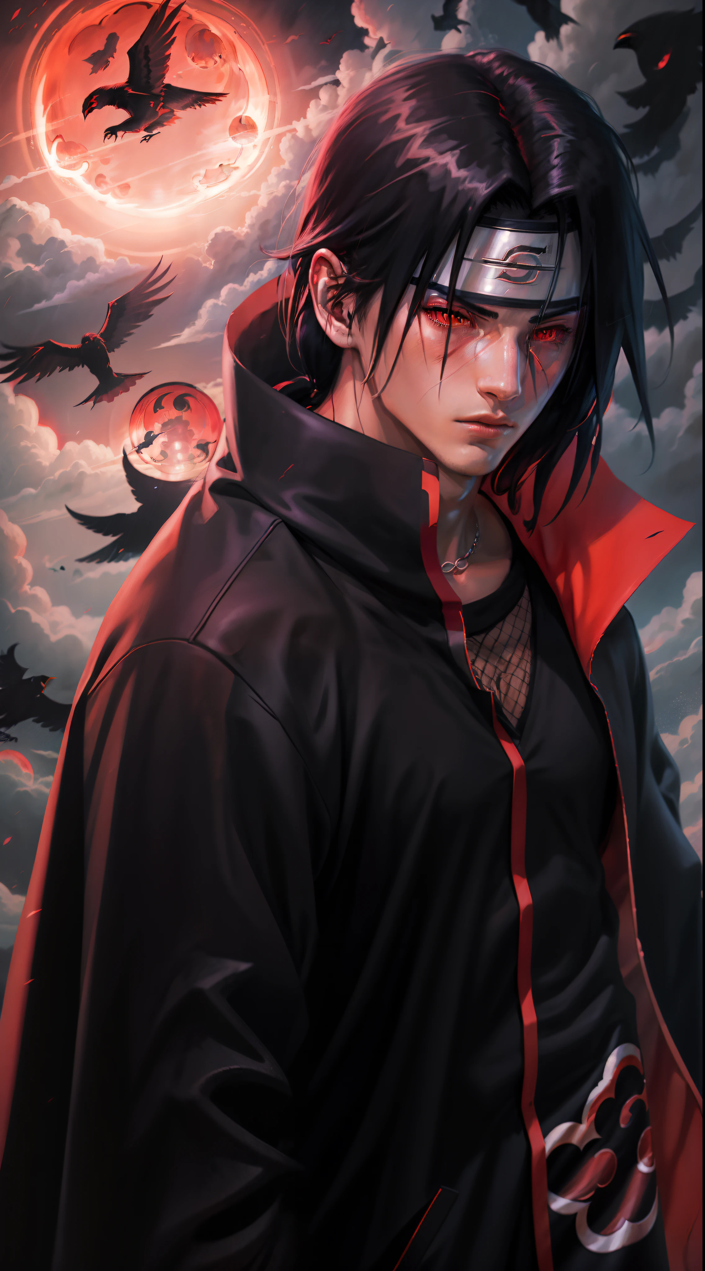 a young man covered in black cape with akatsuki cloud, itachi uchiha, itachi, akatsuki akira, itatchi uchiha from naruto, epic digital art illustration, shinobi, naruto artstyle, red moon in the background, red theme, long hair, crows surrounding him,