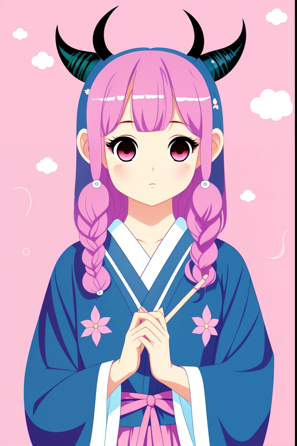 5Demon girl about her age、charicature、Wearing kind eyes and Japanese clothes、Pastel background、I have cotton candy in my hand