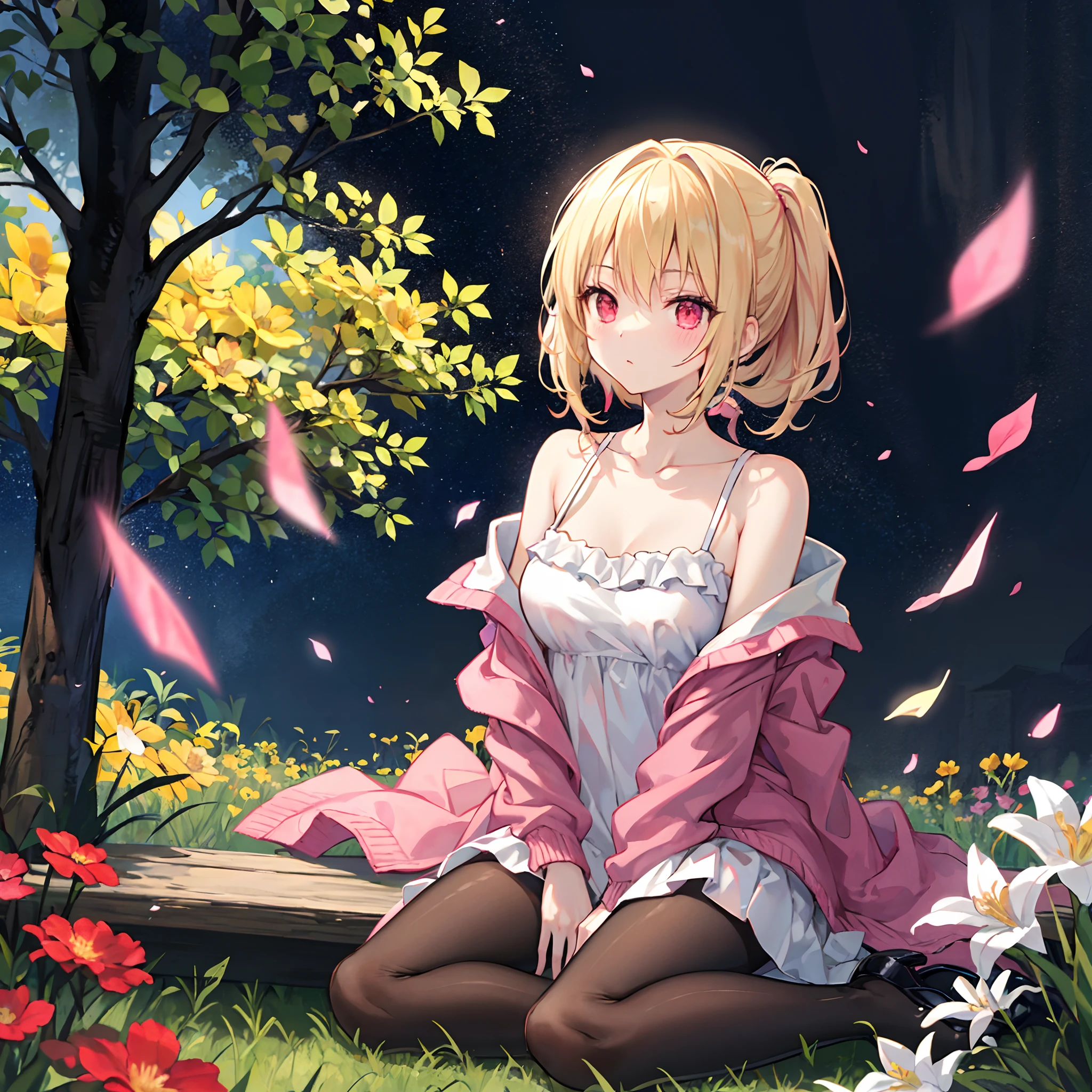 a blond、poneyTail、red eyes、Beautiful girl alone、Light pink dress、off shoulders、a miniskirt、Black tights、sitting on、flower field