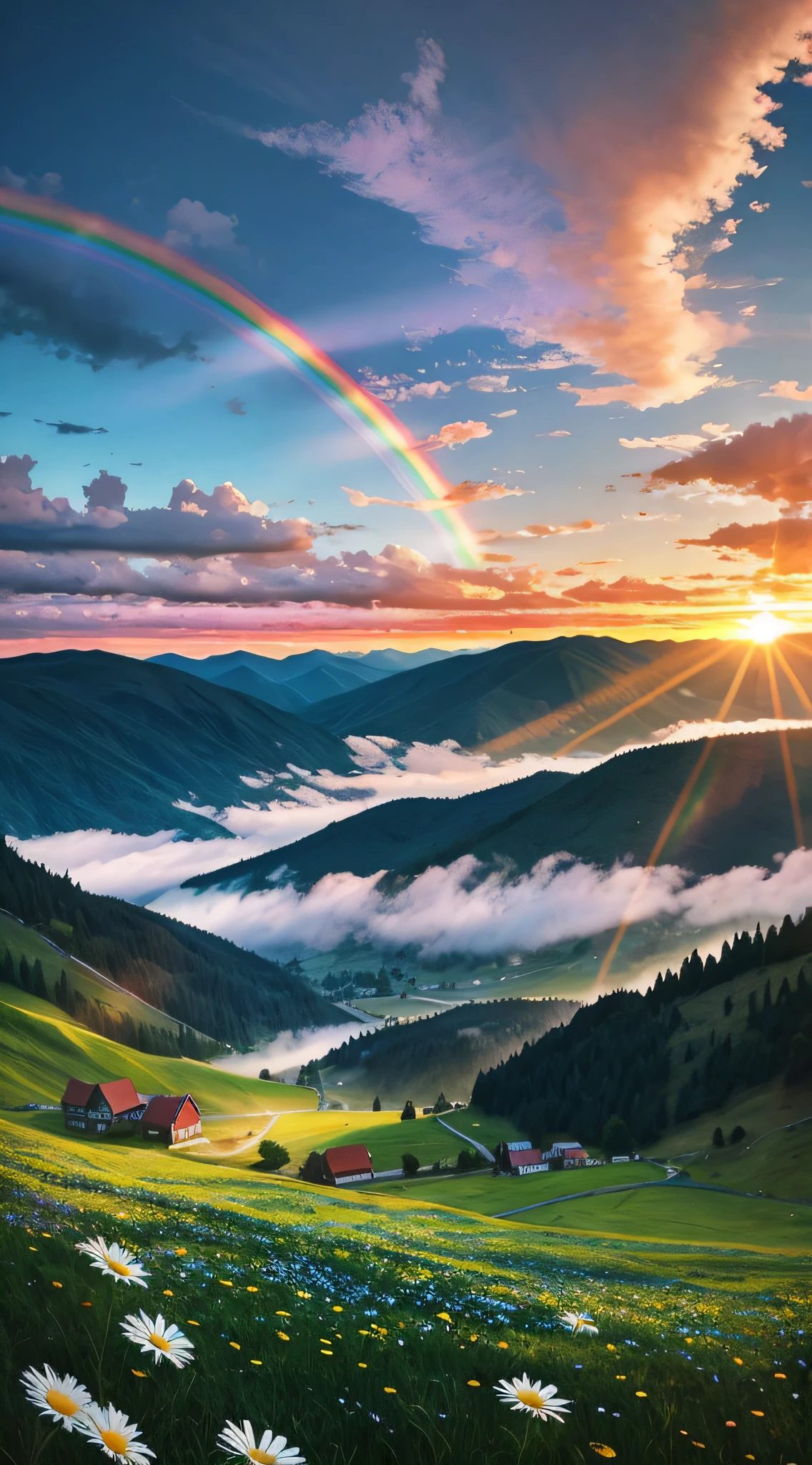 There is a beautiful rainbow,In the background is green mountains and a sea of daisy flowers,There are also scattered farm villages in the mountains,Colorful sky,surreal colors,Colorful sunsets,stunning skies,dream like atmosphere 8k,Colorful flowing clouds,surreal sky,Red and blue reflections,Fire reflection,beautiful sky,beautiful and spectacular dusk,Beautiful Dreamy Landscape,Amazing sky