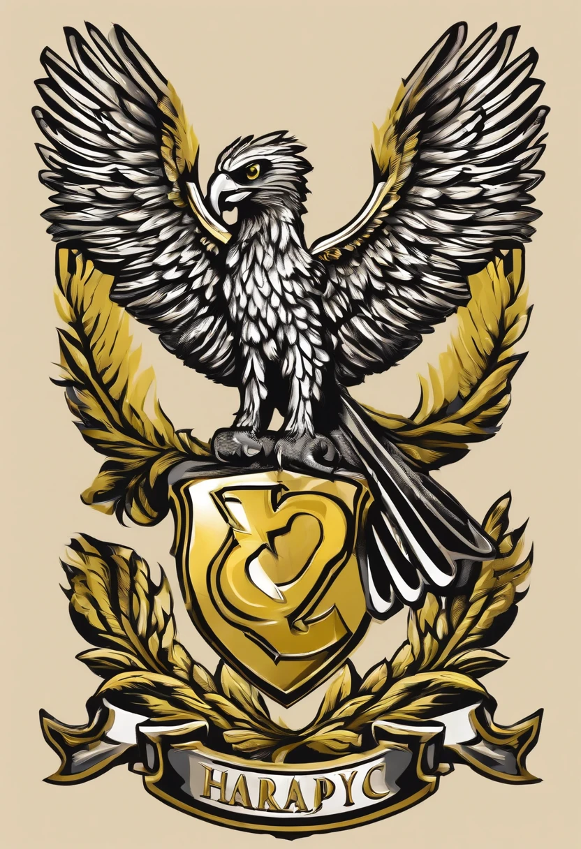 Classic logo: It bears the name "Harpy F.C." in solid and imposing font, posicionado acima da imagem de uma harpia estilizada. The harpy is drawn with open wings and detailed feathers. The predominant colors are black and yellow, representando a identidade do clube.