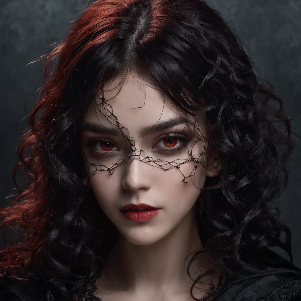 woman with gothic net symbolic clothes, 。.com (Barbed wire of the body) (close-up, editorial photograph of a 21 year old woman), (highly detailed face:1.4) (smile:0.7) (background inside dark, moody, private study:1.3) POV, by lee jeffries, nikon d850, film stock photograph ,4 kodak portra 400 ,camera f1.6 lens ,rich colors ,hyper realistic ,lifelike texture, dramatic lighting , cinestill 800, wavy hair, messy hair, curls, smirk, malicious smile, black hair, red eyes, black eyes, black sclera eyes, transparent cloak, see-through cloak