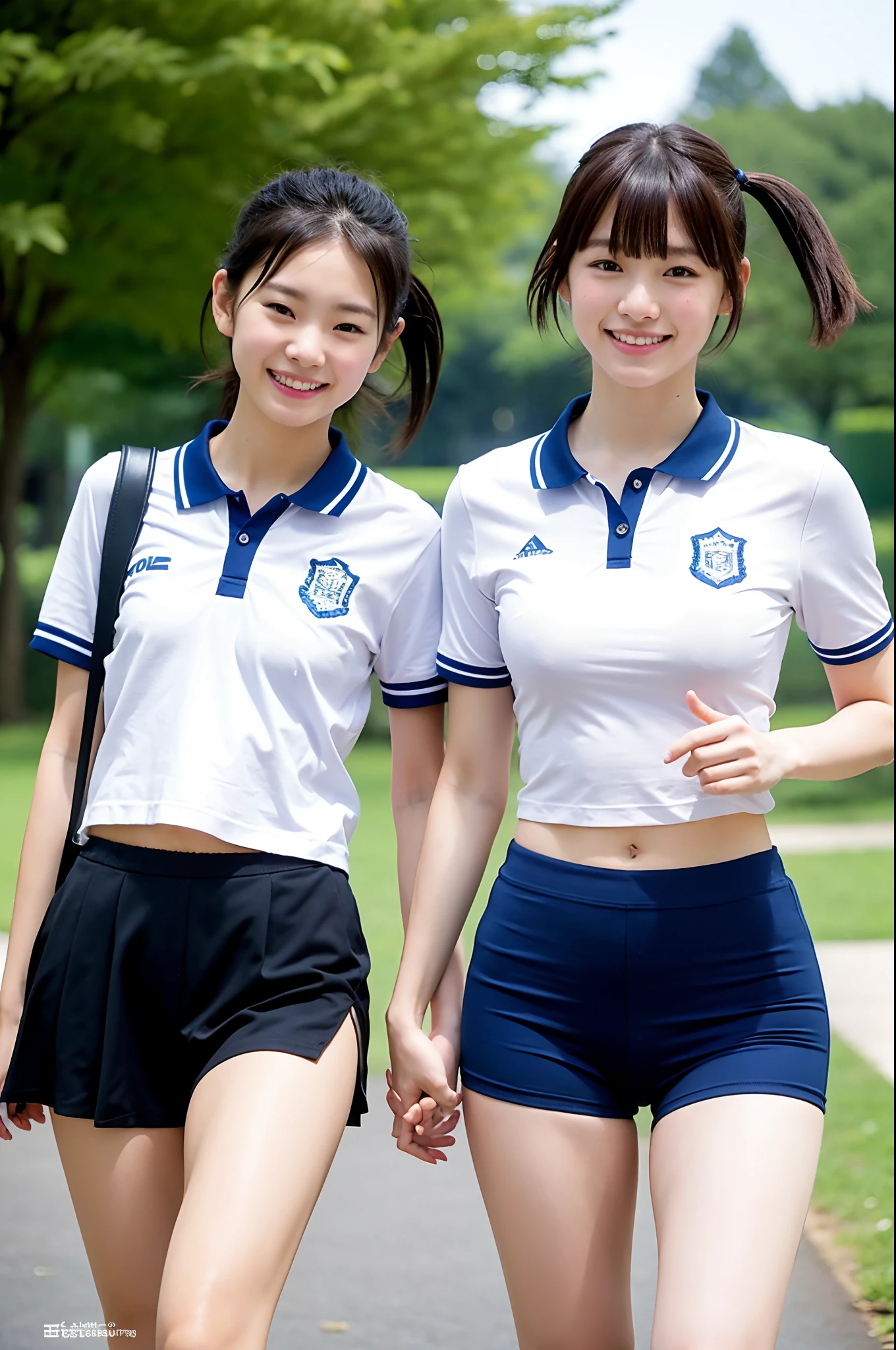 2 girls walking in school park,speedo-style navy blue briefs without logo,white school gym shirt,18-year-old,bangs,a little smiles,thighs,crotch,knees,short cut hair,poneytail,from below