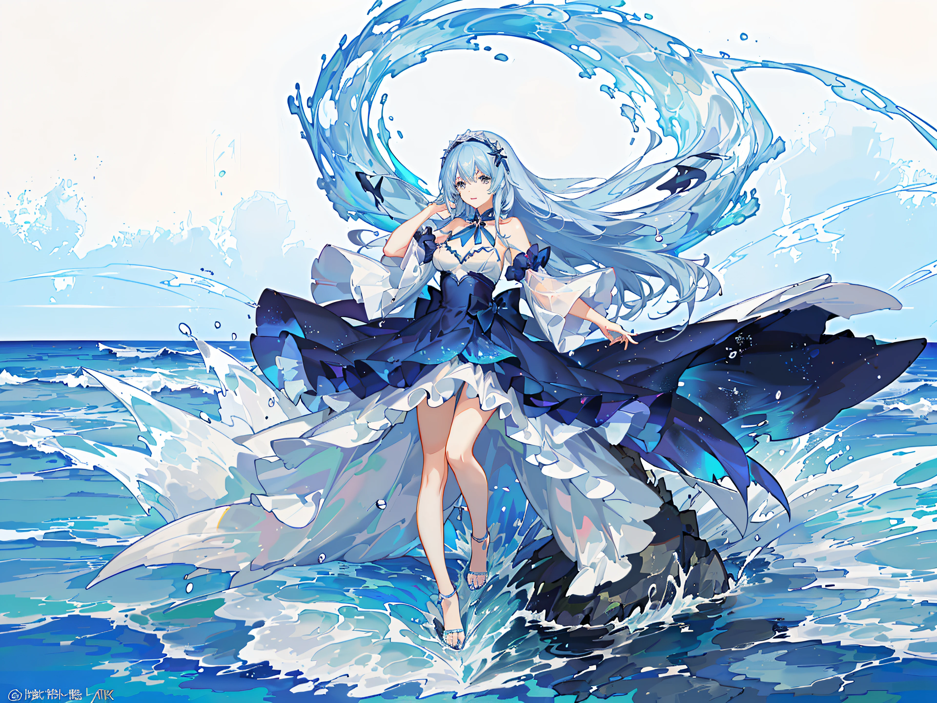 Anime girl in blue dress standing on waves in ocean, wallpaper anime blue water, water elemental, Anime girl walking on water, goddess of the sea, azure waves of water, trending on artstation pixiv, Anime art wallpaper 8 K, style of anime4 K, Digital art on Pixiv, Splash art anime , Azure Ocean, Beautiful anime artwork