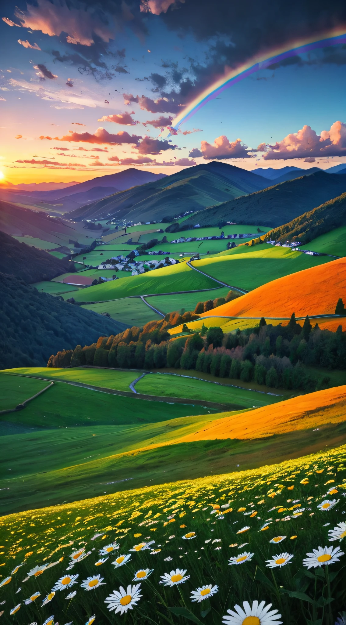 There is a beautiful rainbow，In the background is green mountains and a sea of daisy flowers，There are also scattered farm villages in the mountains，Colorful sky，surreal colors，Colorful sunsets，stunning skies，dream like atmosphere 8k，Colorful flowing clouds，surreal sky，Red and blue reflections，Fire reflection，beautiful sky，beautiful and spectacular dusk，Beautiful Dreamy Landscape，Amazing sky
