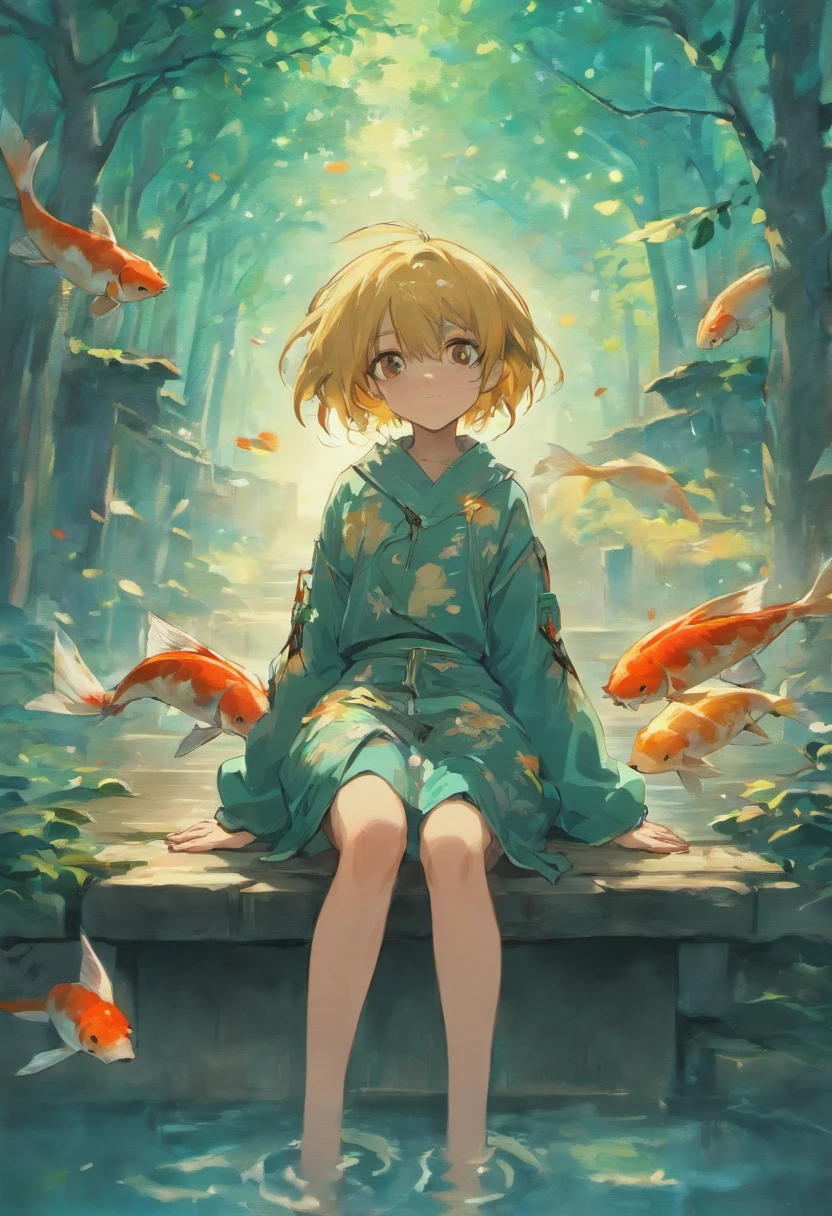 anime boy sitting on a bench with koi fish in the water, handsome guy in demon slayer art, handsome anime pose, inspired by Bian Shoumin, shining moon in the sky, soothing lake, by Yang J, artwork in the style of guweiz, cai xukun, anime handsome man, beautiful androgynous prince, yanjun chengt, sakimichan frank franzzeta