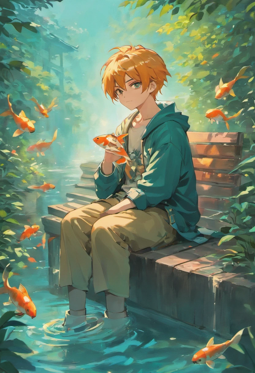 anime boy sitting on a bench with koi fish in the water, handsome guy in demon slayer art, handsome anime pose, inspired by Bian Shoumin, shining moon in the sky, soothing lake, by Yang J, artwork in the style of guweiz, cai xukun, anime handsome man, beautiful androgynous prince, yanjun chengt, sakimichan frank franzzeta