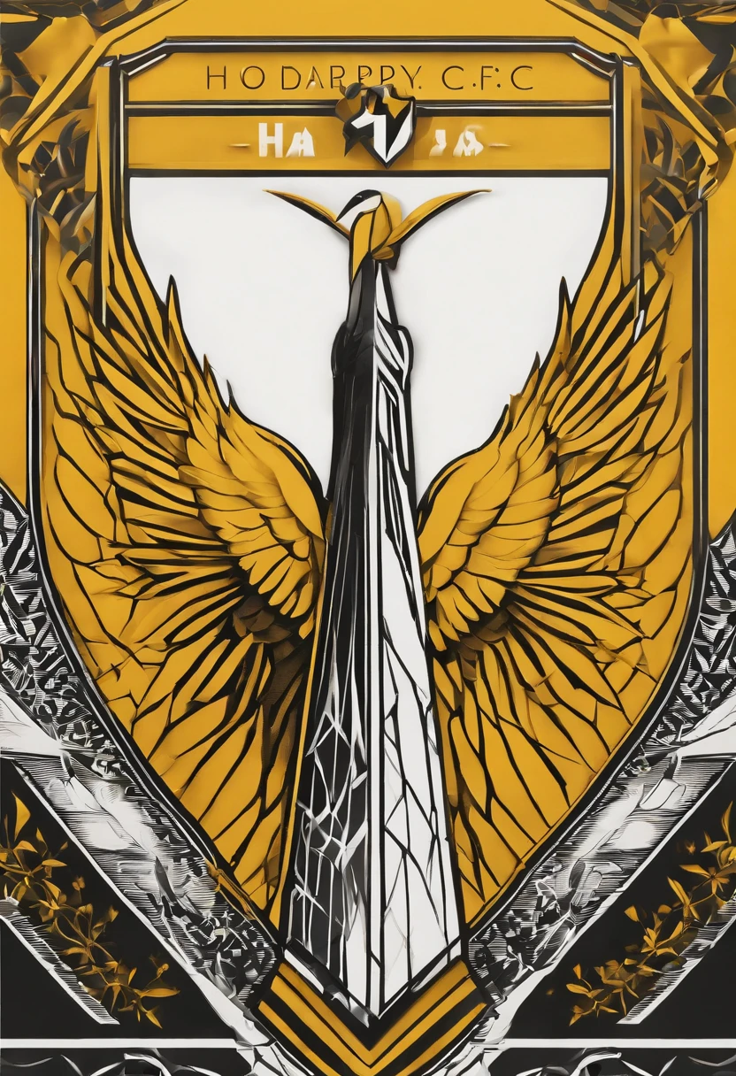 Logo moderno: It has the name "Harpy F.C." in a stylized and futuristic font, com linhas suaves e curvas. The harpy is represented in a more abstract way, using geometric shapes and minimalist lines. O contraste entre preto e amarelo cria um visual sofisticado.