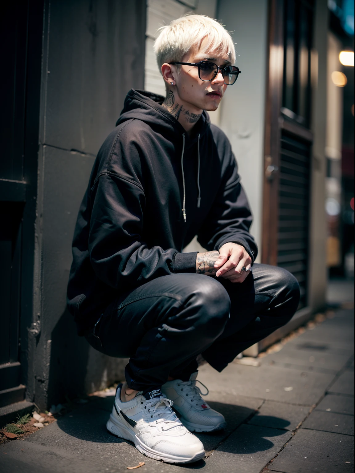 Homem With platinum hair with tattoos, black sweatshirt, Black pants, white shoes, photo at night