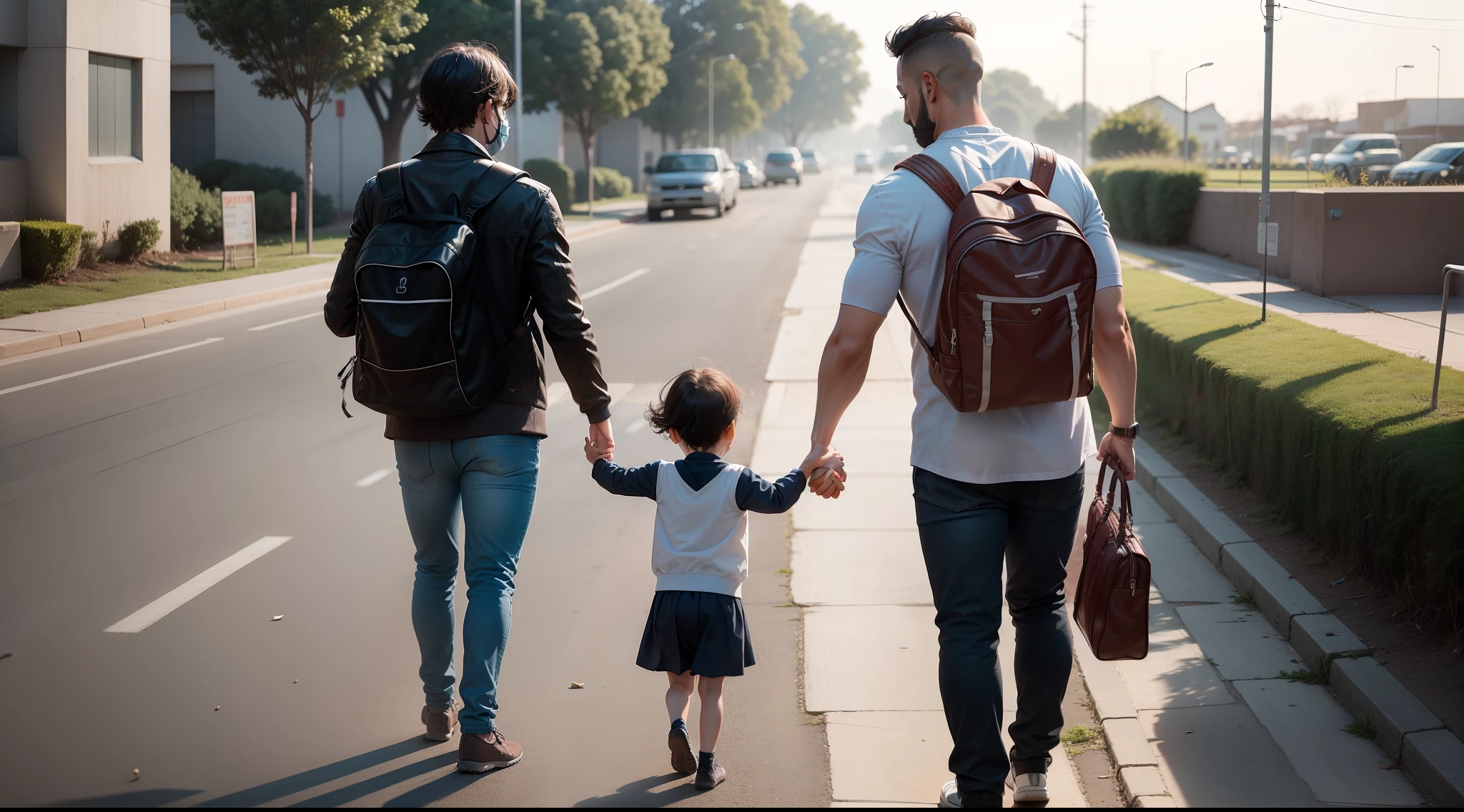 Image of a 2 being led to school by his parents,