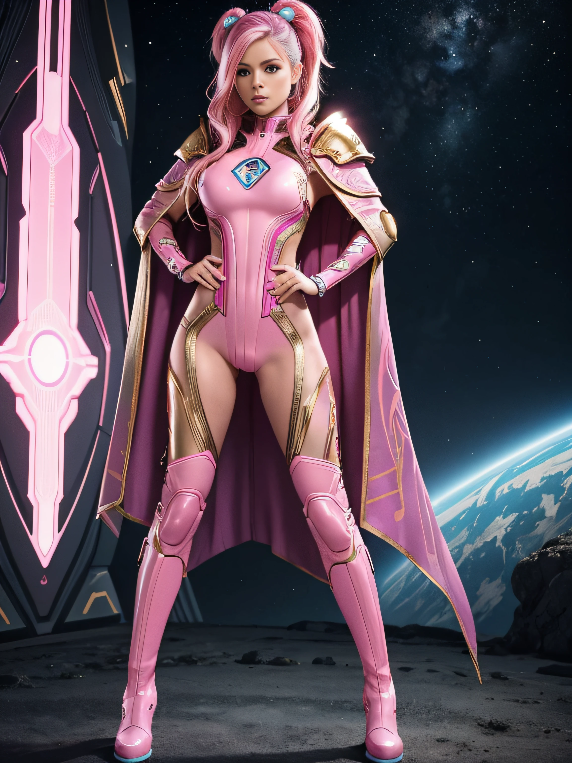 Best quality, intricate details, woman full body 1:3 scifi warrior, perfect face, long eyelashes, hair with pink highlights, pink, gold and blue scifi suit over nylon bodystocking, boots, cape, Scifi scenario