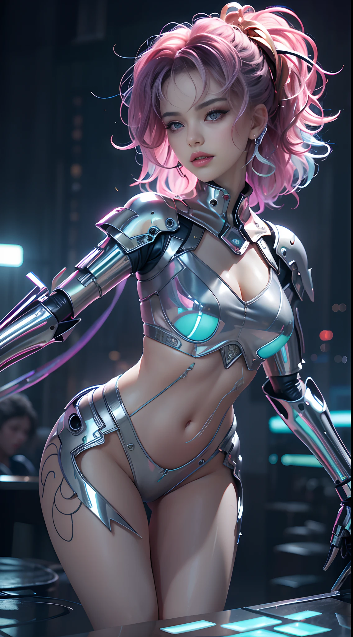 motor irreal:1.4,UHD,La mejor calidad:1.4, fotorrealista:1.4, textura de la piel:1.4, obra maestra:1.8,obra-prima, mejor calidad, 1girl, Chica Ives, mecha, beautiful  lighting, (neon light: 1.2), (noche: 1.5), "obra-prima, mejor calidad, 1chica, Retrato de cuerpo entero, pose sensual, ojos azules, cabello multicolor+plata:1.3+amarillo:1.3+verde:1.3, Piernas esculpidas y curvas tentadoras, pechos llenos, Cara hermosa, muchas gotas de agua, nubes, twilights, Planta abierta, acuarela, neon light:1.2, noche:1.5, mecha, beautiful  lighting, Bright neon light: 1.2, Noche misteriosa inolvidable: 1.5",,hermosas manos finas