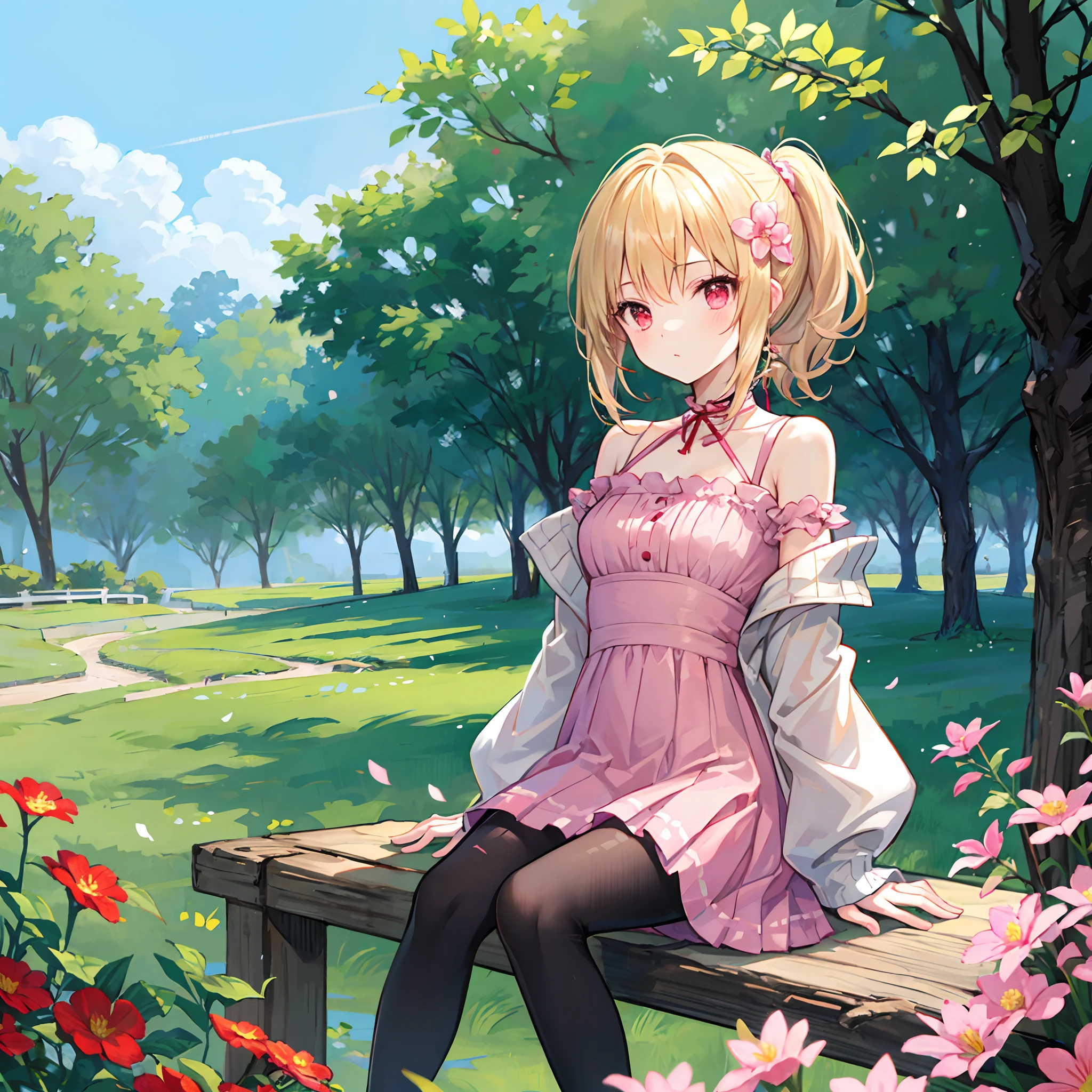a blond、poneyTail、red eyes、Beautiful girl alone、Light pink dress、off shoulders、a miniskirt、Black tights、sitting on、flower field