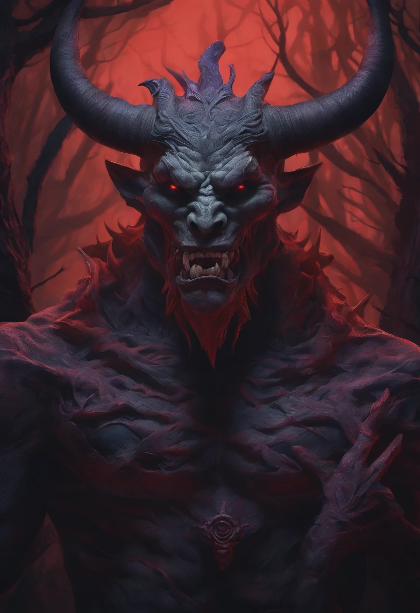 (best quality,4k,8k,highres,masterpiece:1.2),ultra-detailed,(realistic,photorealistic,photo-realistic:1.37),demon with cow pattern on his skin,painted with oil on canvas,fiery red eyes,bull-like horns,sharp teeth,gargantuan muscular build,bloody saliva dripping from his mouth,smoke and flames surrounding him,dark and sinister atmosphere,detailed skin texture,residing in a haunted forest,menacing posture and expression,dark shadows accentuating his features,ominous glow from the moon casting eerie light,mysterious mist shrouding the surroundings,dramatic contrast between light and dark,rich and vibrant colors,highlighted by deep reds and purples,grotesque and surreal art style,dynamic and aggressive brushstrokes,imposing presence that sends shivers down the spine,bellowing thunder and lightning,rustic yet powerful,evil and menacing,emitting an aura of fear and chaos.