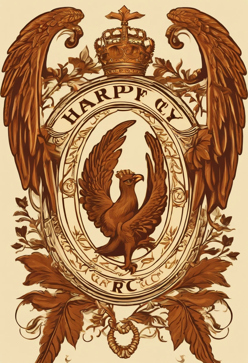 Logo vintage: With a retro aesthetic, The name "Harpy F.C." is arranged in a decorative and elegant font. The harpy is drawn in a style similar to the ancient coats of arms, com detalhes intrincados nas penas e uma pose imponente. Colors are softer, com tons de ouro e ocre.