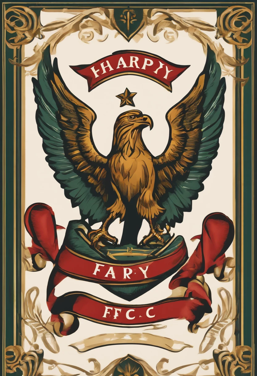 Logo vintage: With a retro aesthetic, The name "Harpy F.C." is arranged in a decorative and elegant font. The harpy is drawn in a style similar to the ancient coats of arms, com detalhes intrincados nas penas e uma pose imponente. Colors are softer, com tons de ouro e ocre.