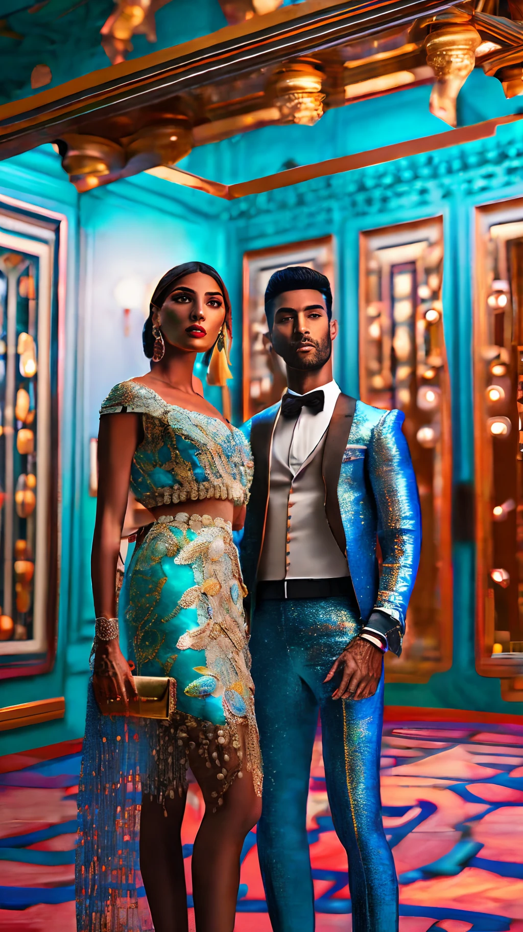 Latina man and his latina wife both dressed in  elegant latina designed clothes, standing inside a beautiful elegant palace, full of blue coloured and chrome glossy latina designed furniture and latina designed sculptures, chandelier on the ceiling shining beautiful light, with iridescent light, highly detailed images, highly brant detailed facial features, highly detailed hands and legs, beautiful colours, photorealistic image, 32k, ultra HD, unreal engine rendered, cinematic lighting, artgerm style,with iridescent light, highly detailed images, vibrant beautiful colours, photorealistic image, 32k, ultra HD, unreal engine rendered, cinematic lighting, artgerm style, 32k ultra HD, masterpiece, highly detailed images， Nikon D850 Film Stock Photo by Jefferies Lee 4 Kodak Portra 400 Camera F1.6 shots, Rich colors, --auto --s2
