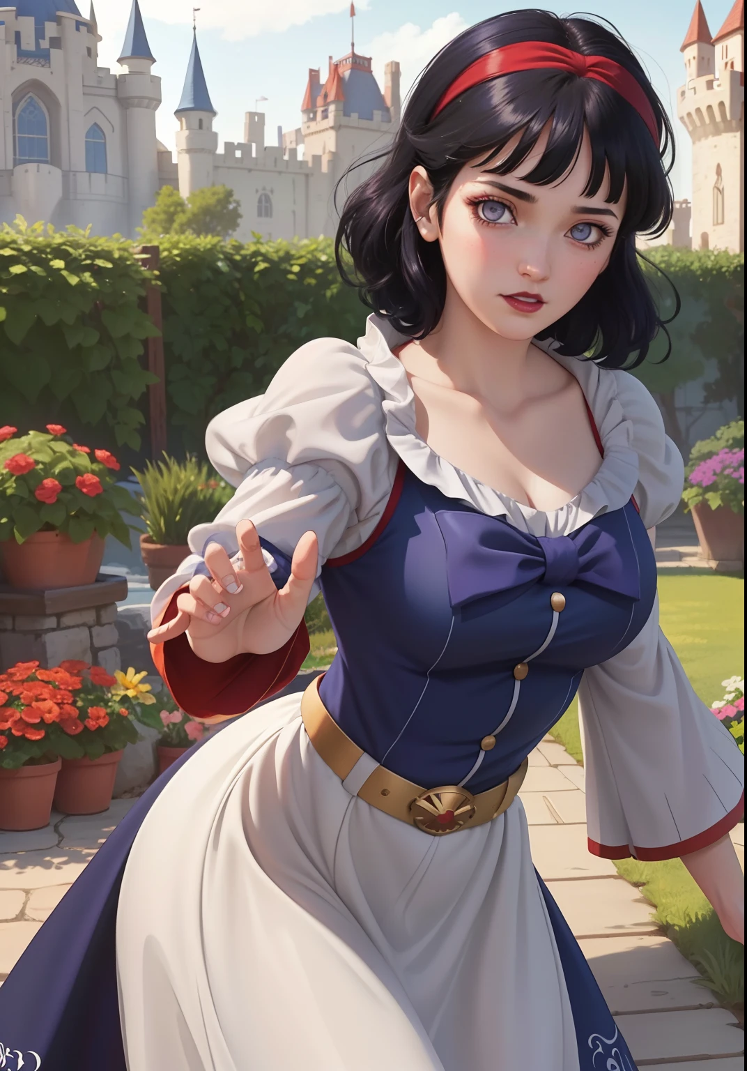 (snow white Waifu:1), surprised, beautiful pose, looking at the viewer, thick thighs, ( dress,Luffy sleeves:1.3), (short curly dark blue hair, Blunt Bangs,red hairband with bow)
(realistic: 1.2), (realism), (masterpiece: 1.2), (best quality), (ultra detailed), (8k, 4k, intricate), (full-body-shot: 1), (Cowboy-shot: 1.2), (85mm), light particles, lighting, (highly detailed: 1.2), (detailed face: 1.2), (gradients), sfw, colorful, (detailed eyes: 1.2), princess snow white

(detailed landscape, garden, plants, castle: 1.2), (detailed background), detailed landscape, (dynamic angle: 1.2), (dynamic pose: 1.2), (rule of third_composition: 1.3), (line of action: 1.2), wide shot, daylight, soil, Blunt Bangs, purple eyes,dark blue hair,soft red lips,white skin