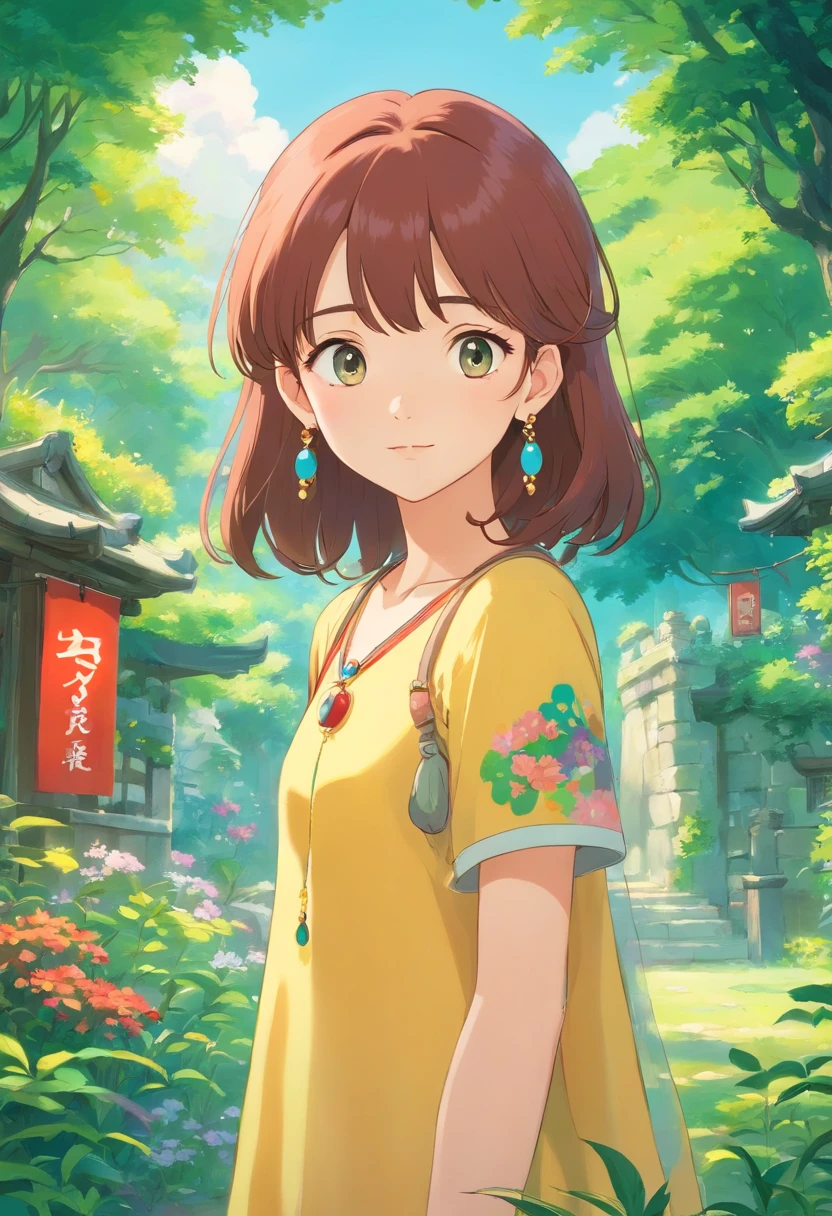 Cute girl with anime necklace, Long necklaces and earrings, In the style of a tranquil garden landscape, colorful animation stills,