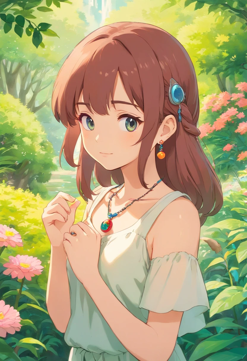 Cute girl with anime necklace, Long necklaces and earrings, In the style of a tranquil garden landscape, colorful animation stills,