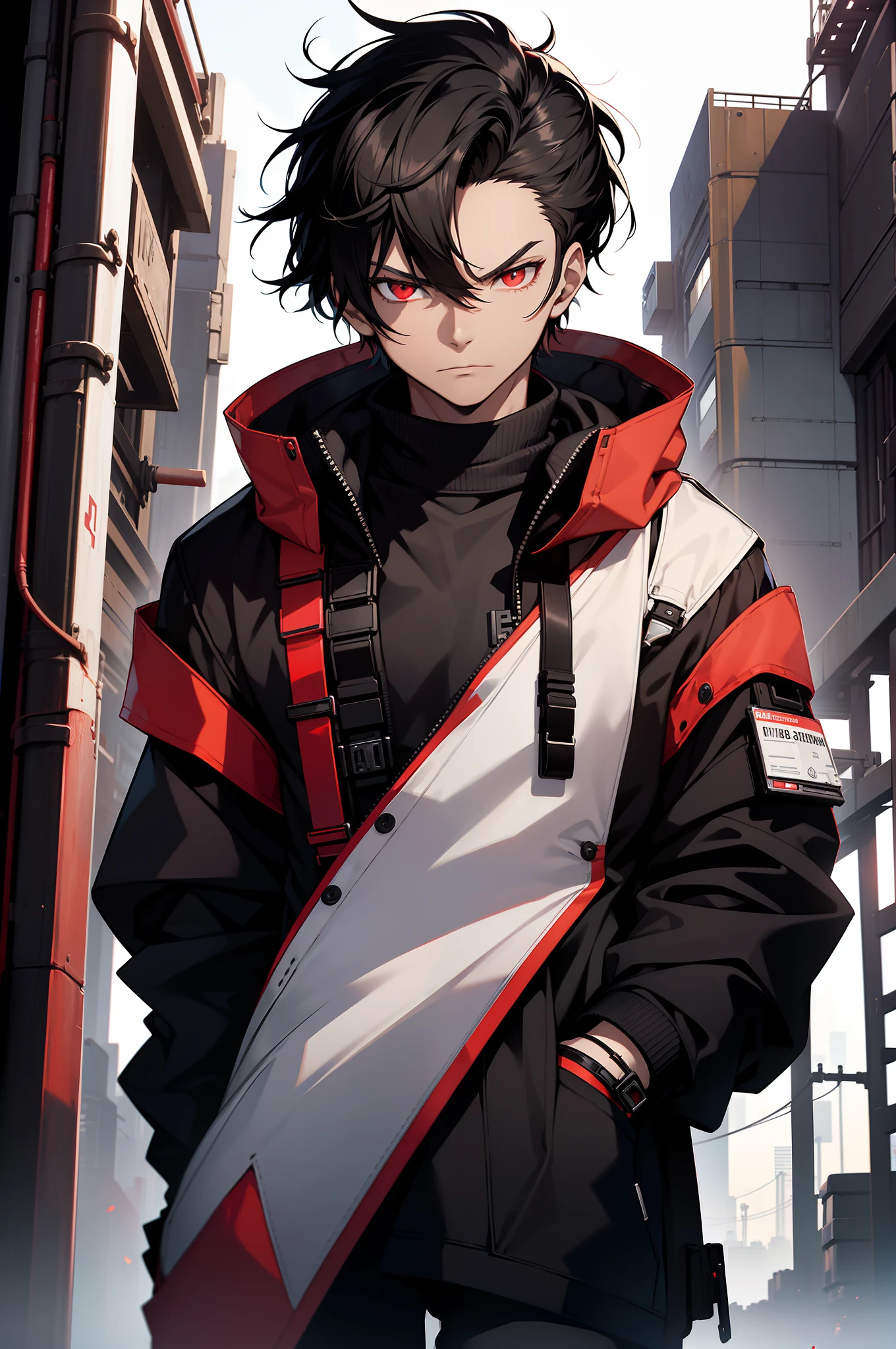 (((high detail))), best quality, 1 man, young man, vtuber model, vtuber, standing straight, facing front, short black hair black cyberpunk jacket with red and white, black inner shirt, indifferent expression, detailed face, bright red eyes, ID picture, ID shot, Photography shot, plain white background