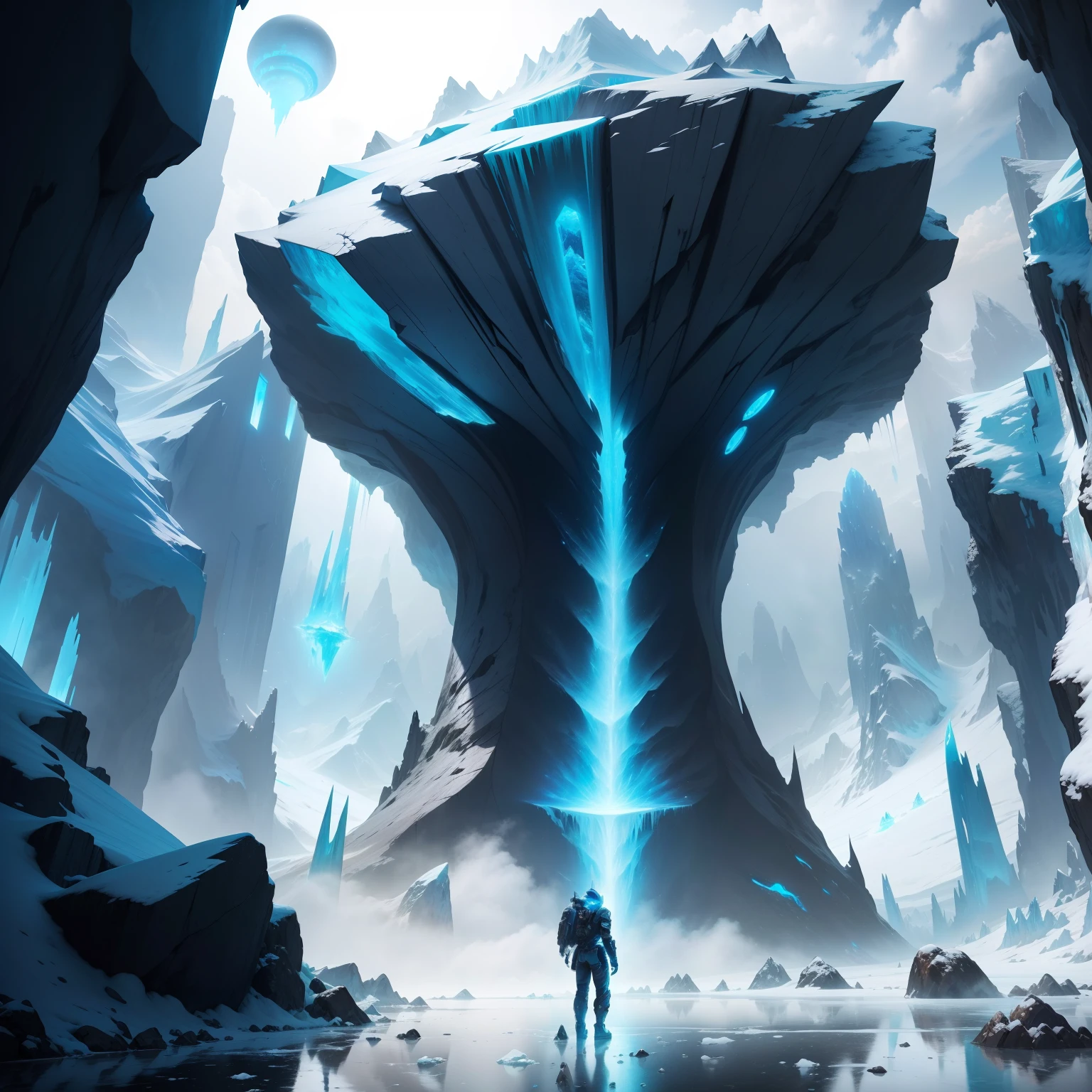 Ice World　Shirogane World　cyberpunked　Great glacier　Huge cave　Beautiful future world　top-quality　超A high resolution　​masterpiece　dream　ＳＦFantasia