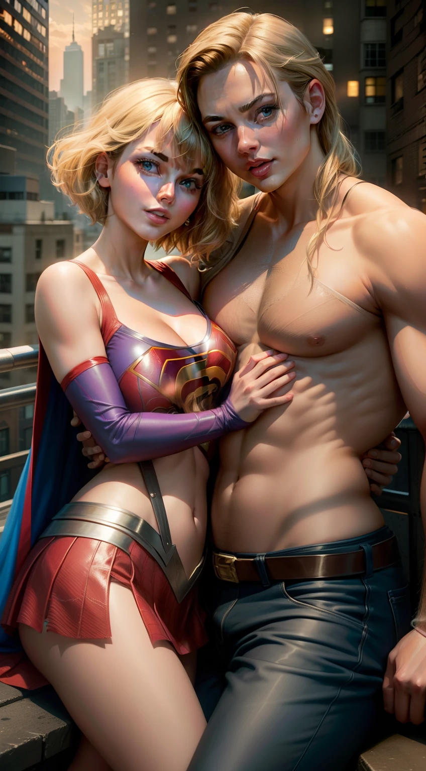 A couple cuddling, Taylor Swift as Super girl, short blonde hair, wearing a Supergirl outfit, deep cleavage visible, and Tobey Maguire as Spiderman, handsome, long sharp nose, Spiderman outfit, robust, on a rooftop in New York City, closeup, photorealistic, High resolution