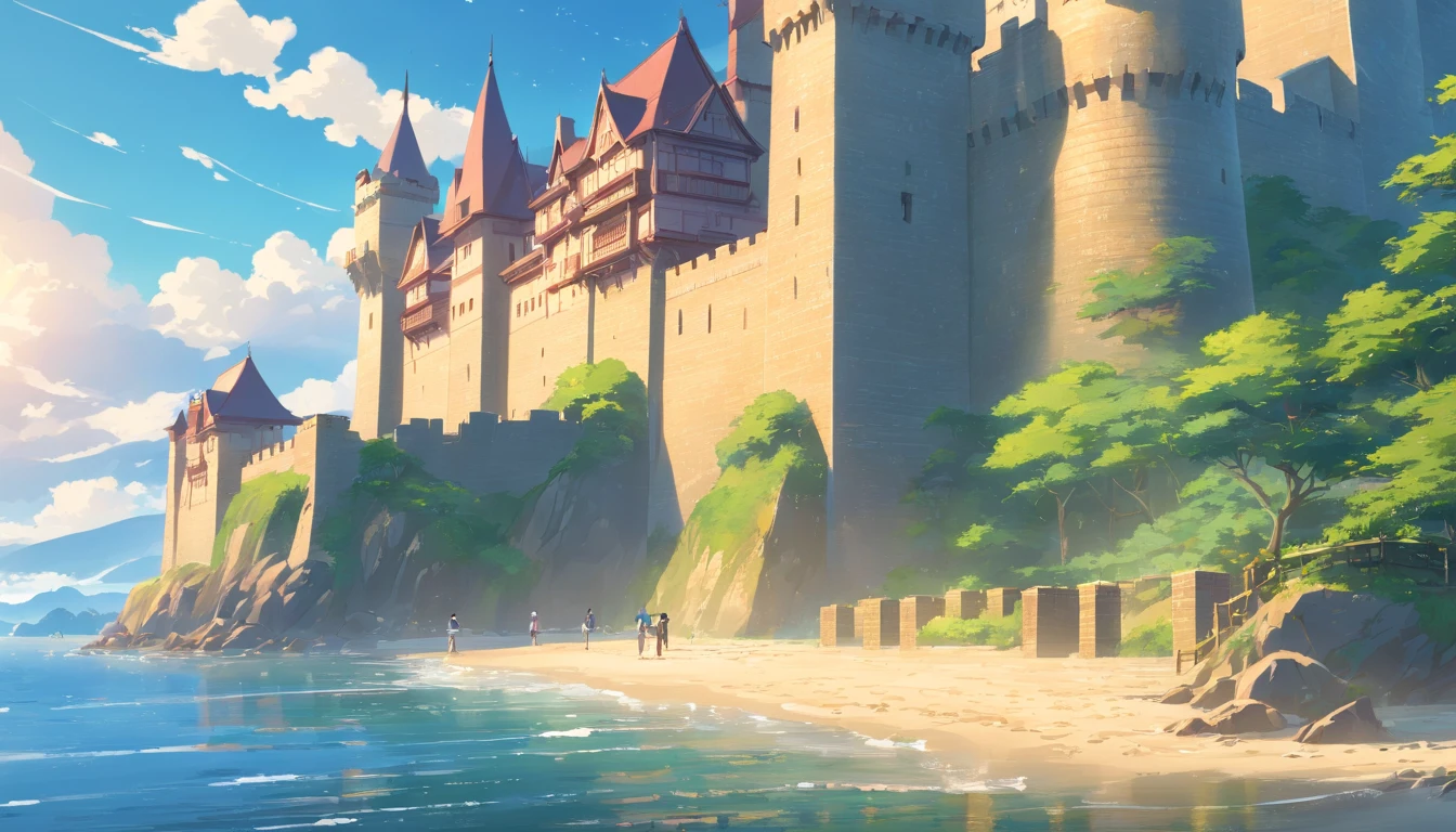 Seaside castle, Strong and high ramparts, blanche, Western style, There are windows in the ramparts, Expanding castle town, Walls surrounding the castle town, Unimaginable size, high detal, 8k artistic photography, perfect-composition, Ultra-fine, SPEEDLINE, Wide Shot, wide angles, nffsw, masutepiece, ccurate, Textured skin, Super Detail, high details, awardwinning, Best Quality, 16 K, hight resolution