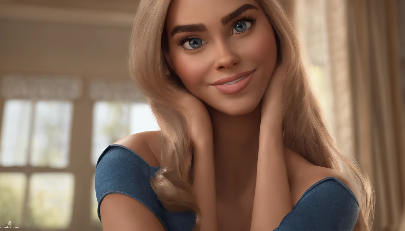 {{imagem perfeita},{extremamente detalhada}, 3D, 8K, imagem estilo Cartoon, modelo Disney, menina, olhos grandes, brilhantes, feliz, sorrindo, pensativa, hand on her chin, olhar pensativo, cabelos amarelos, cabelo enrolado, usando blusa rosa, short jeans, Sneakers and long socks.