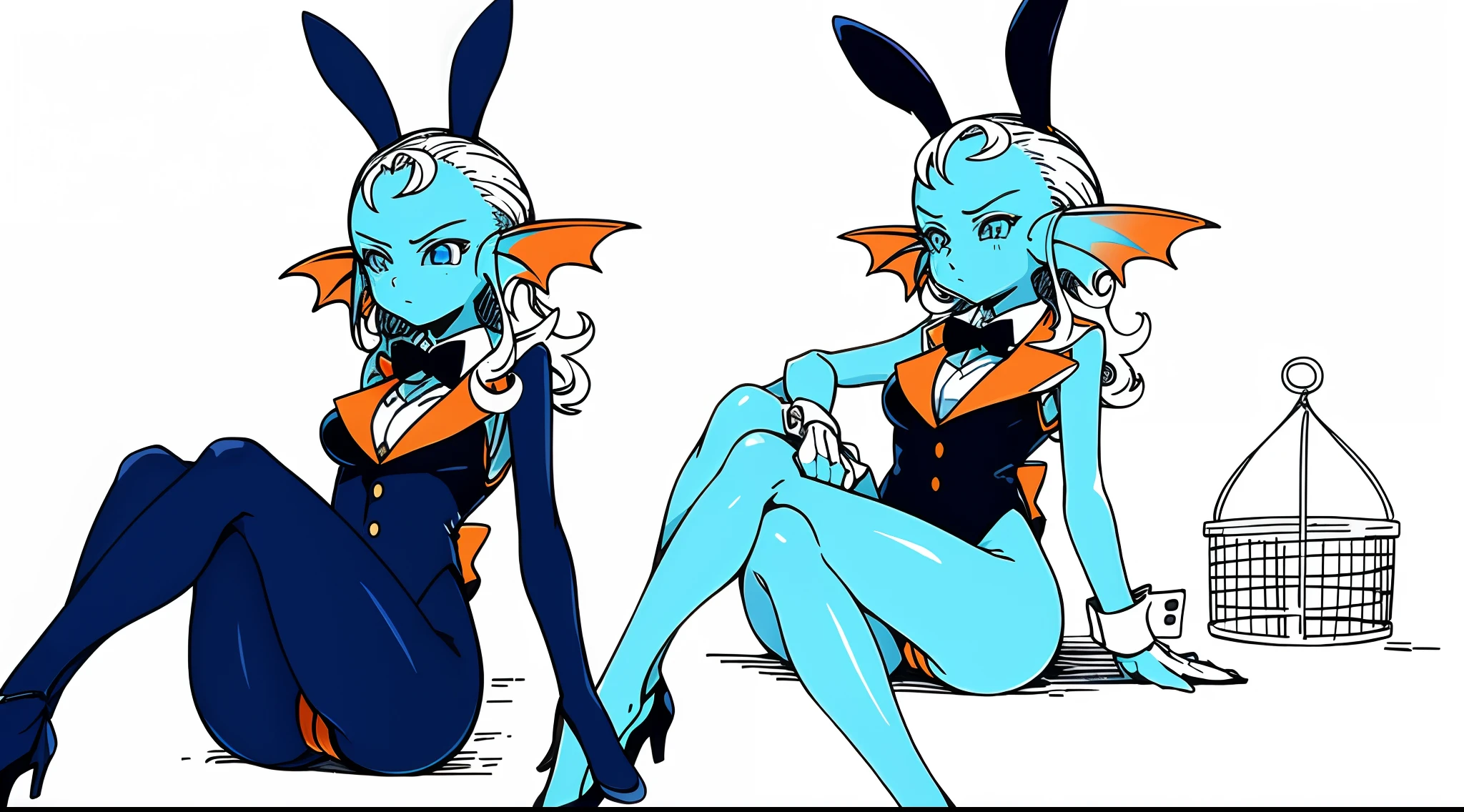 (Top quality illustrations:1.2)、(Cute s:1.0)、(女の子1人、独奏:1.ultra-detailliert) 、hight resolution、4k:1.0)、8K, high definition, animation, married woman, beautiful, small face, beautiful, bright, eye highlights, sexy, erotic, beautiful line drawing.
Light blue skin, blue and orange gradient ear fins, single blue and orange gradient fin on back, bunny girl, bunny suit, black bunny suit, net tights on legs,Collection of setting drawings and character setting drawings