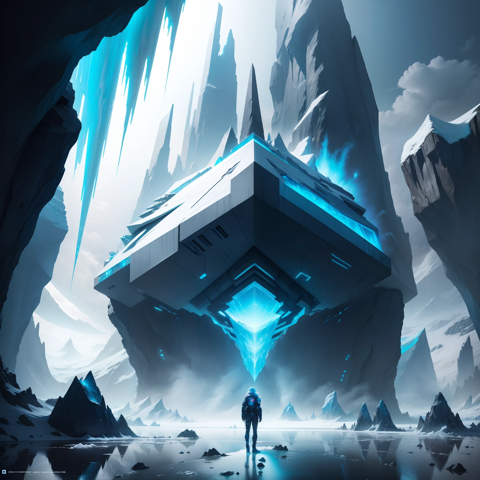 Ice World　Shirogane World　cyberpunked　Great glacier　Huge cave　Beautiful future world　top-quality　超A high resolution　​masterpiece　dream　ＳＦFantasia