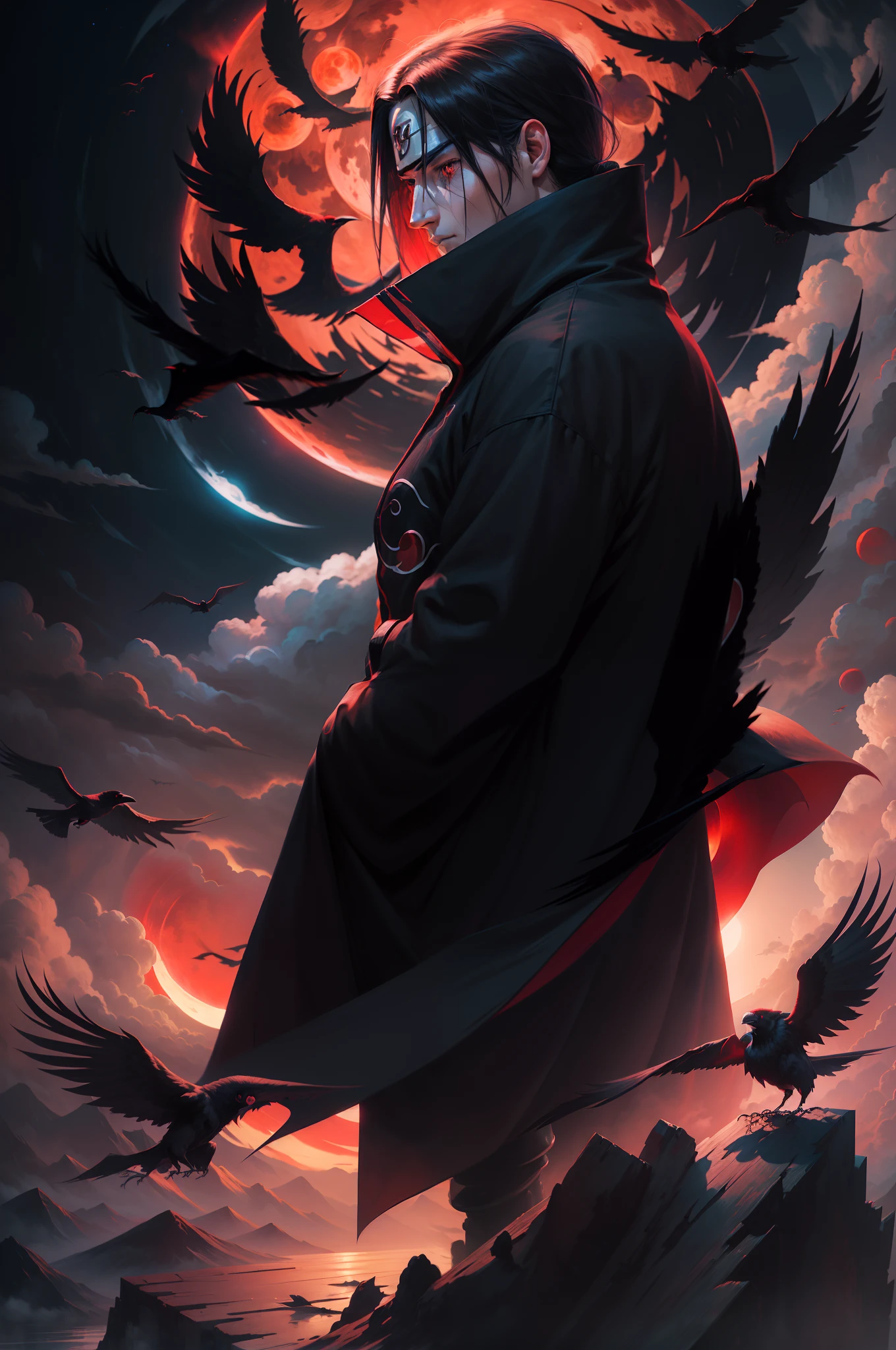 a young man covered in black cape with akatsuki cloud, itachi uchiha, itachi, akatsuki akira, itatchi uchiha from naruto, epic digital art illustration, shinobi, naruto artstyle, red moon in the background, red theme, long hair, crows surrounding him