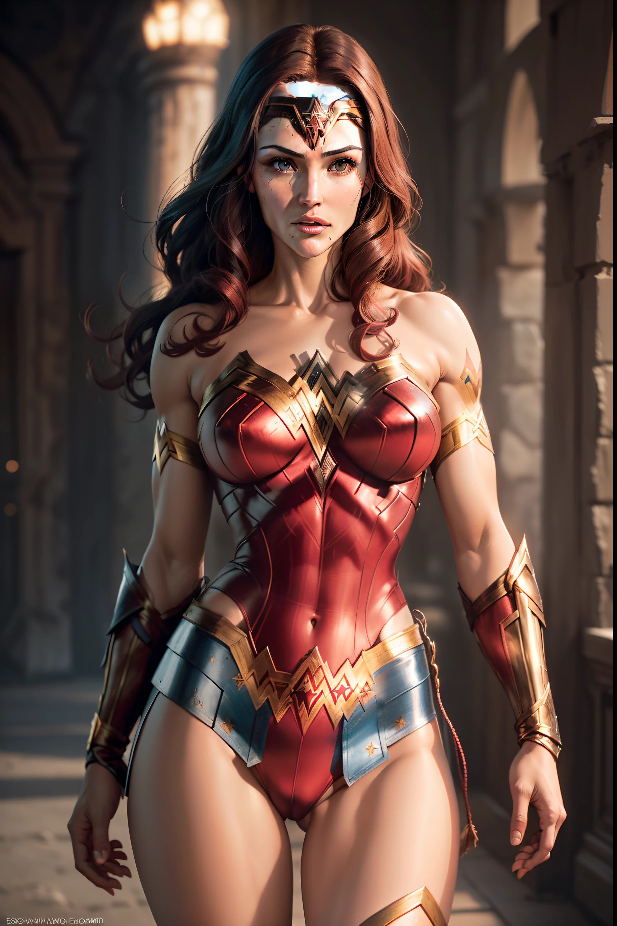 ((Jennifer Garner as Electra)), (((as Wonder Woman))), ((defined muscles)), Athletic build)), ((Red hair)), ((no fingers visible)), ((camel toe)), ((cameltoe)), ((thong)), ((topless)), masterpiece, best quality, ((realistic)), ((1 person)), 8K picture quality, extremely delicate and beautiful, magnifica, Official art with attention to detail, Ridiculous, unbelievable Ridiculous, huge filesize, ultra-detail, highly detailed, (Pretty girl), ((Perfect female figure)), Slim waist, Cover your chest with your hands, (tattoos all over body)), With a powerful presence, Her body is decorated with a unique blend of abstract and realistic designs, Digital Art, Altgerm, hyperdetails, Top Fade, Cowboy Shot, Dark Fantasy