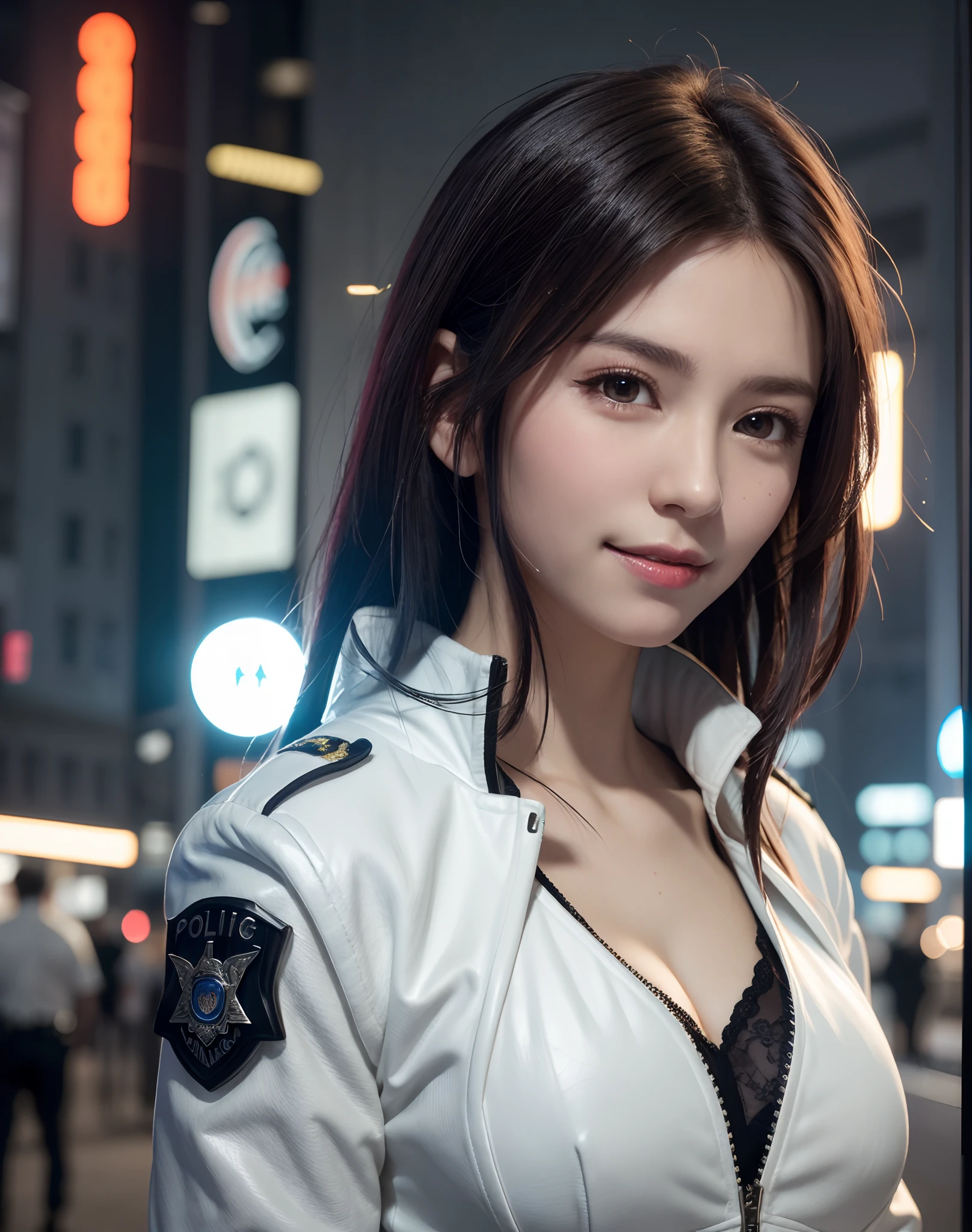 Portrait of Embhuhaiz, Beautiful face, Sauvage with medium cut、in cyberpunk city at night. She wears a white leather open jacket,lingerie, Dramatic Lighting, (police badge:1.2).Sexy female policeman、Sexy smile