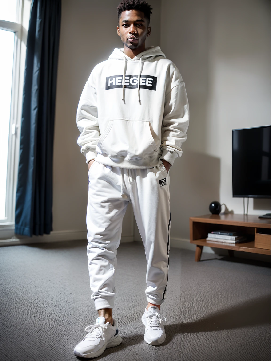 Homem negro, White sweatshirt, white pants, white sneakers, Photograph