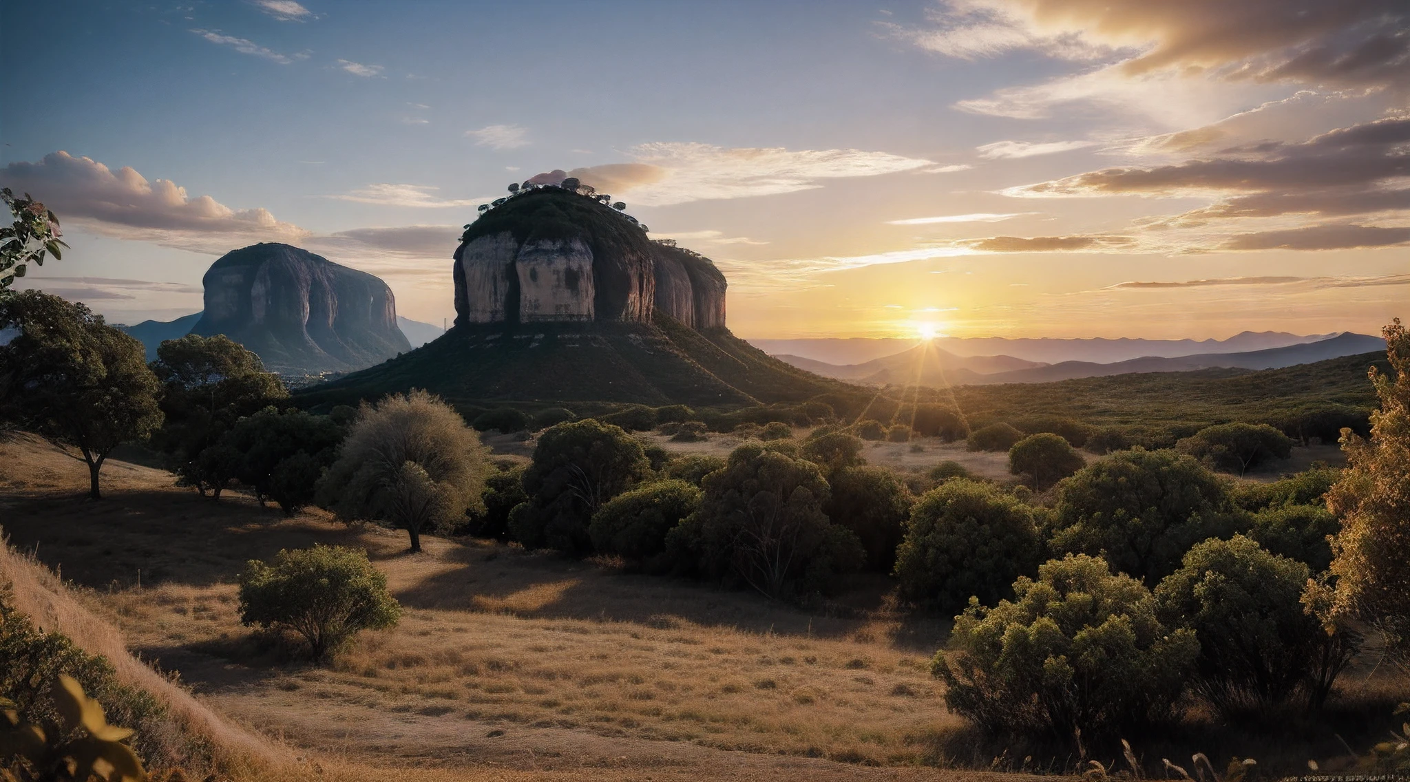 Uma bela paisagem do oeste selvagem, Hora de Ouro, sun sunset, wide angle camera, dynamic compositing, detalhes intrincados, Ultra Definition, Ultra resolution, master part, Capturado por Panavision Panaflex Platinum Camera com Panavision Primo Primes Spherical Lens 50mm T1.9, profundidade de campo, Cinematic lighting, Ambiente ocidental
