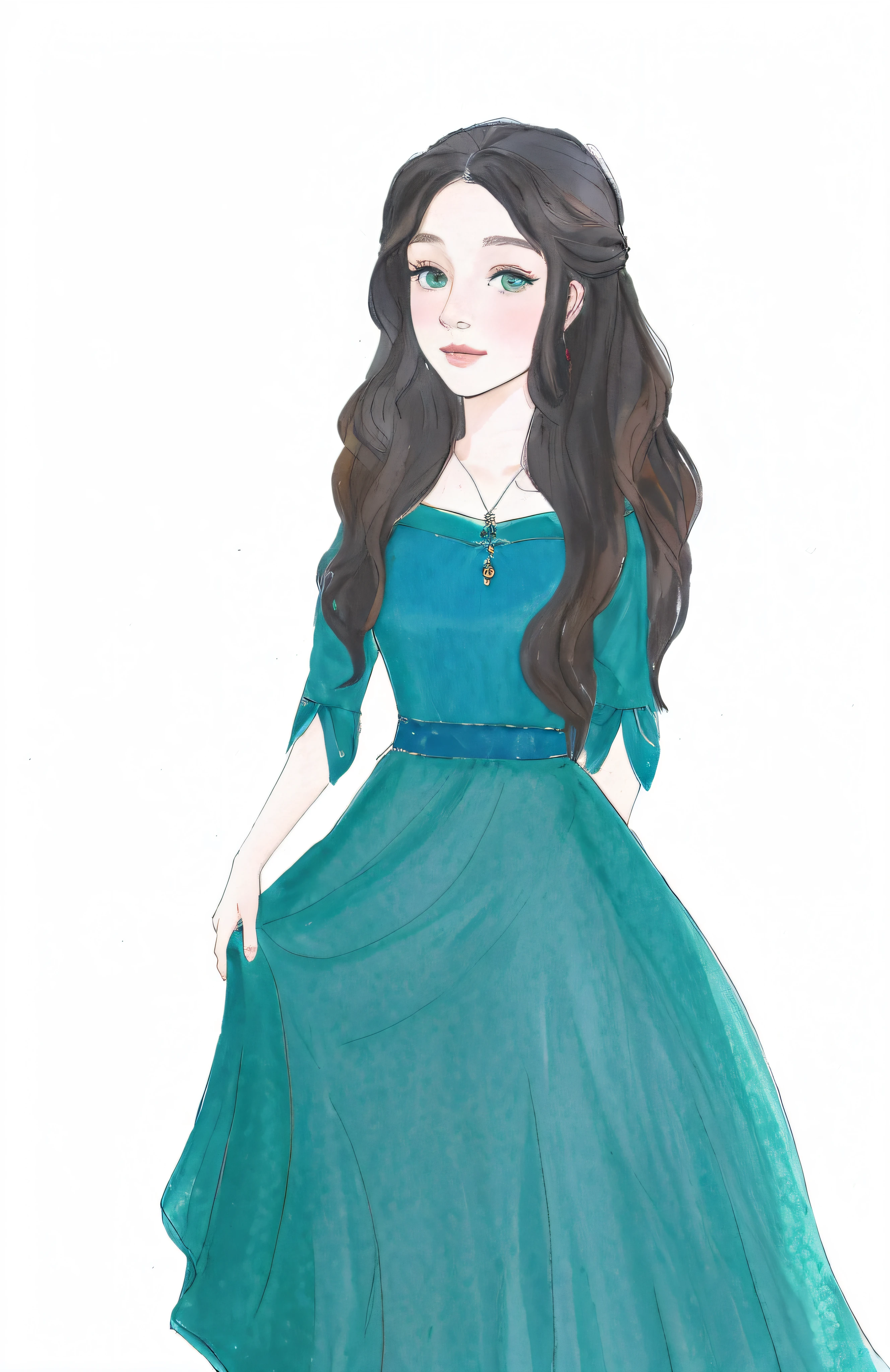 um desenho de uma mulher em um vestido verde com um fundo preto, Luthien, No estilo de arte Bowater, inspirado em Thyrza Anne Leyshon, Inspirado em Reyna Rochin, inspirado em Sophie Pemberton, colorful sketch, inspirado em Isobelle Ann Dods-Withers, portrait of princess merida, inspirado em Constance-Anne Parker