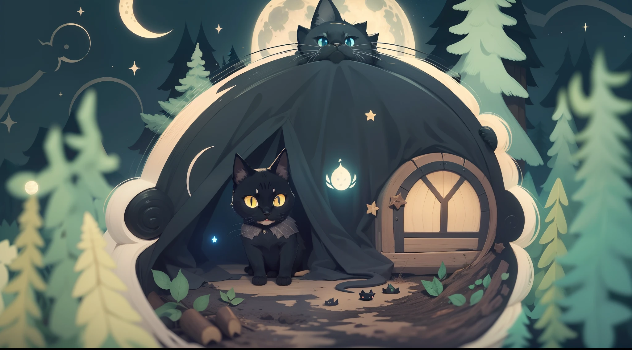 A cute black cat sticker, blue eyes, a cute witch, a full moon, a deep forest, and a mysterious image. It's night but it's bright