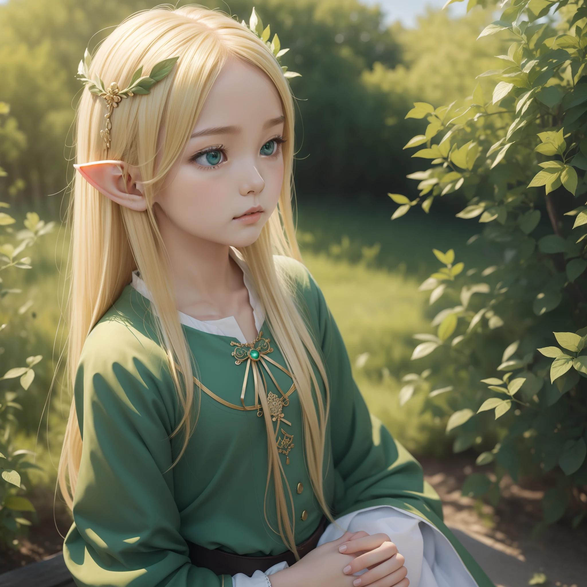 top-quality, masterpiece, ultra-detailliert, Girl Like an Elf, 独奏, cute little, Wearing hair ornaments, blonde hair, Green clothing, Blue sky background, Sad look