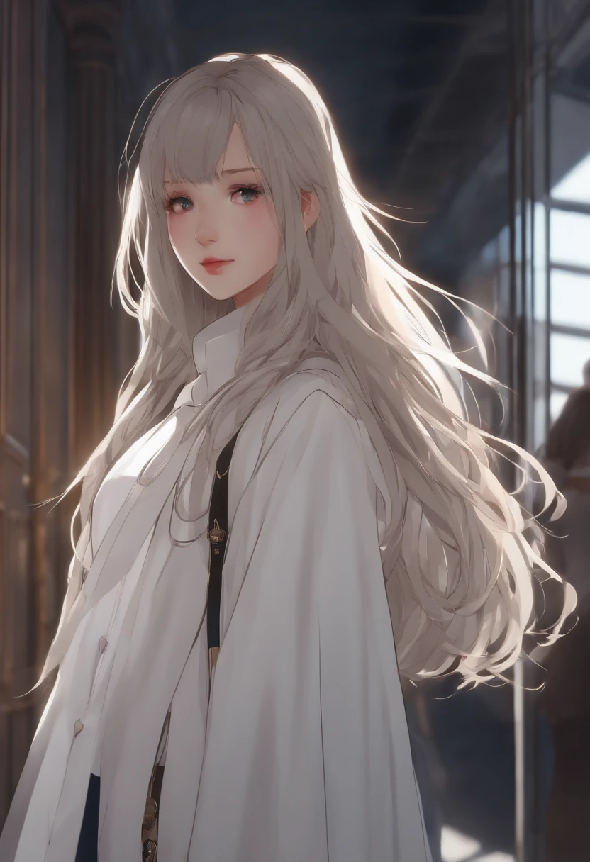 Anime girl with long hair and white coat standing in a hallway, meninas estilo linha de frente, de meninas da linha de frente, de arknights, portrait anime space cadet girl, menina anime bonito, visual anime de uma menina bonito, menina do cabelo prateado, uma garota de anime, anime mecha aesthetic, anime aesthetic, retrato bonito do anime, menina anime retrato, menina anime bonita, menina anime bonita