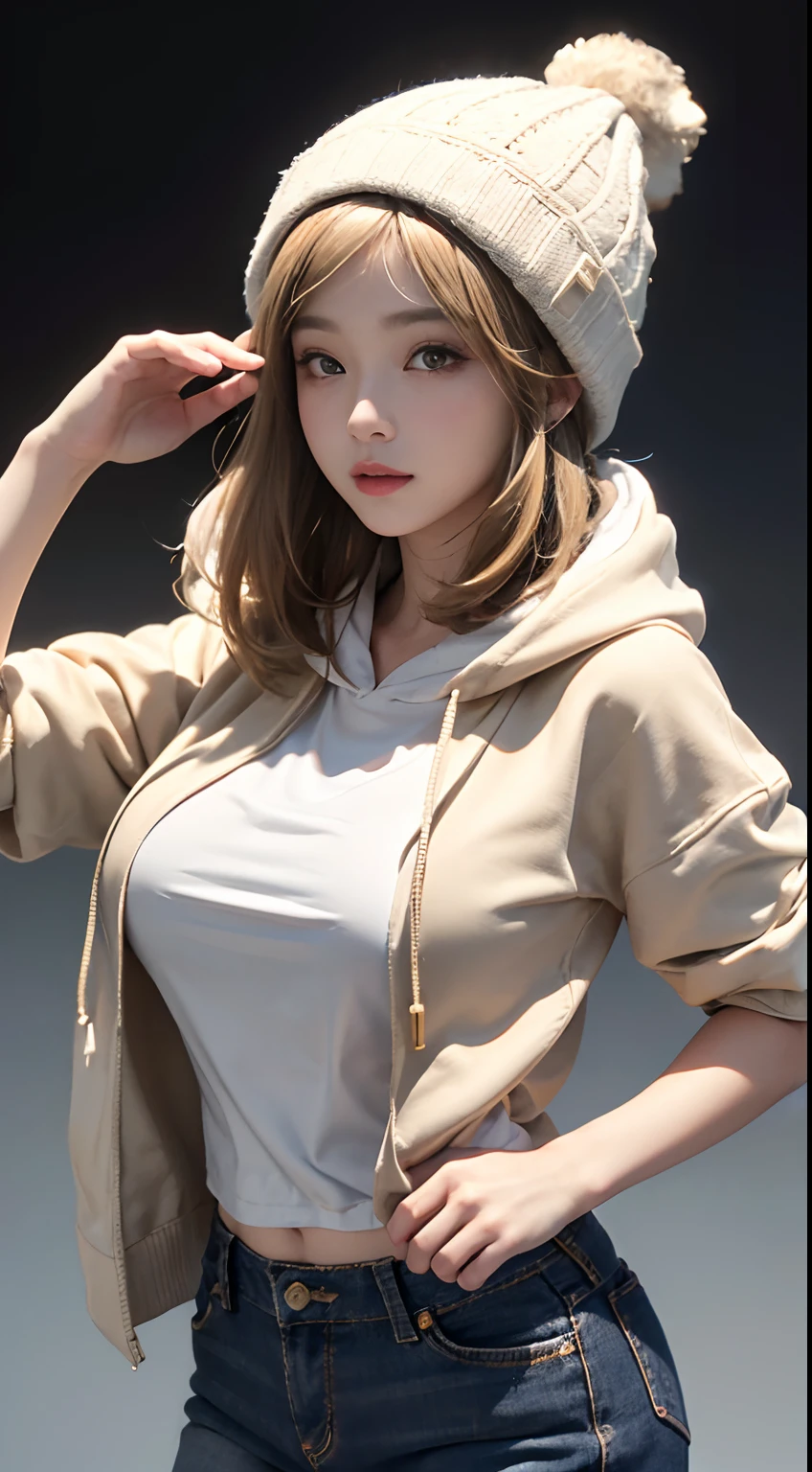 (masuter piece:1.3)、(8K、Photorealsitic、Raw photography、top-quality: 1.4)、(1girl in)、beautiful countenance、(Lifelike face)、(Light Beige Mixed Hair、short-hair:1.3)、(Busty Boobs)、Wearing a short, hooded hoodie、shortpants、Beanie、Wearing a knitted cute pom-pom hat、(Display hats on the screen)、realisticeyes、Beautiful details、(real looking skin)、Beautiful skins、absurderes、enticing、超A high resolution、A hyper-realistic、high-detail、the golden ratio
