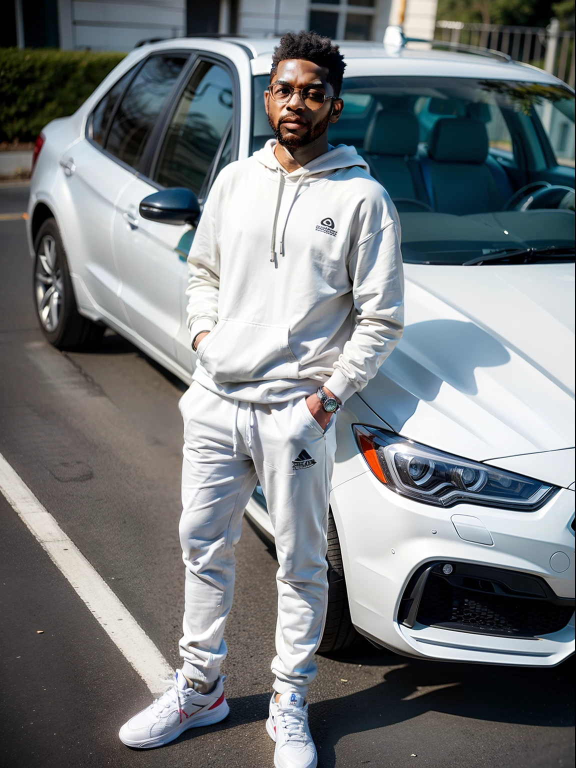 Homem negro, White sweatshirt, white pants, white sneakers, with a car behind, Photograph