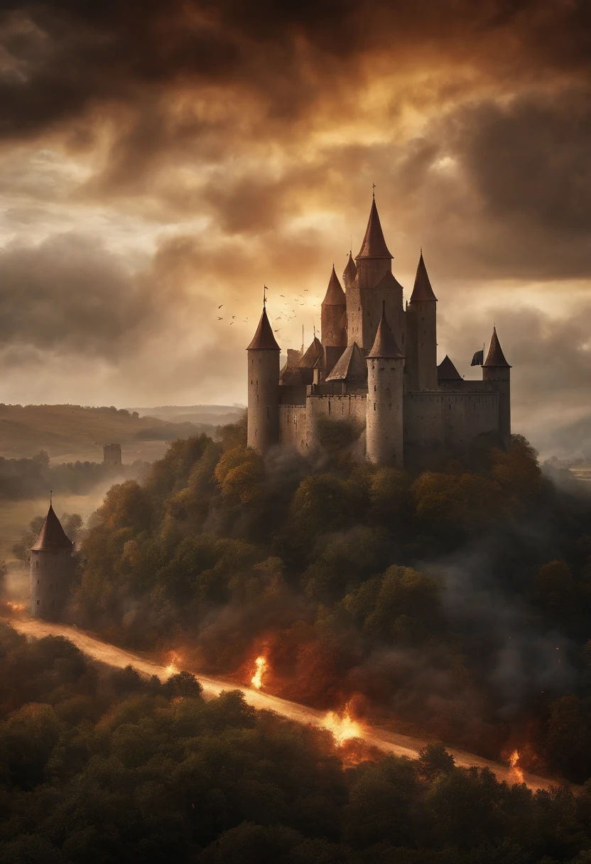 medieval battlefield, Seen from above, epic fights, Soldiers fighting with swords and shields, Flag fluttering in the wind, Gothic architecture, Impressive castle, Smoke and fire, cloudy ash sky, intense moment, Minute Details, Depressive Atmosphere.