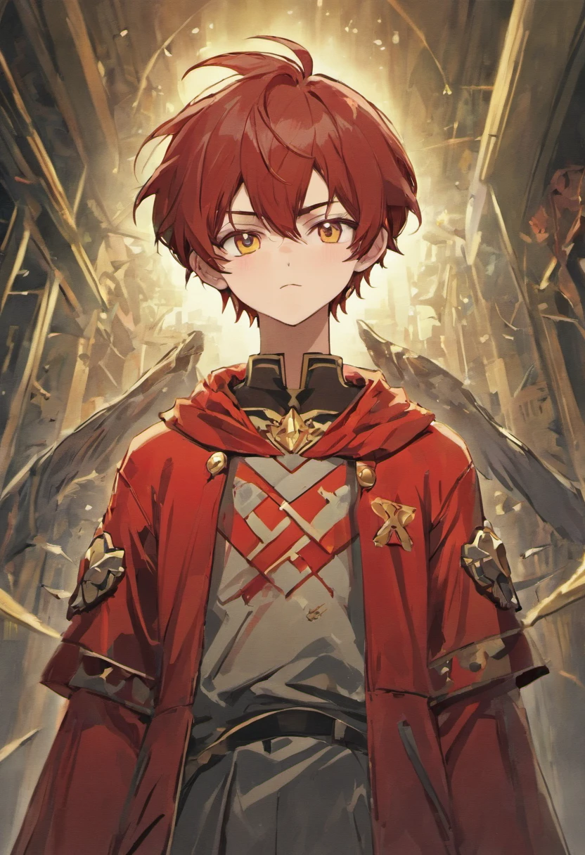 a 17-year-old teenage boy, 1 boy, brown short hair, short hair parted in the middle, bright green eyes, without a beard, without a goatee, no facial hair, silver and red medieval knight armor, red clothes, highly detailed, A high resolution， Sharp focus, ultra detailed, noble, brave, strong