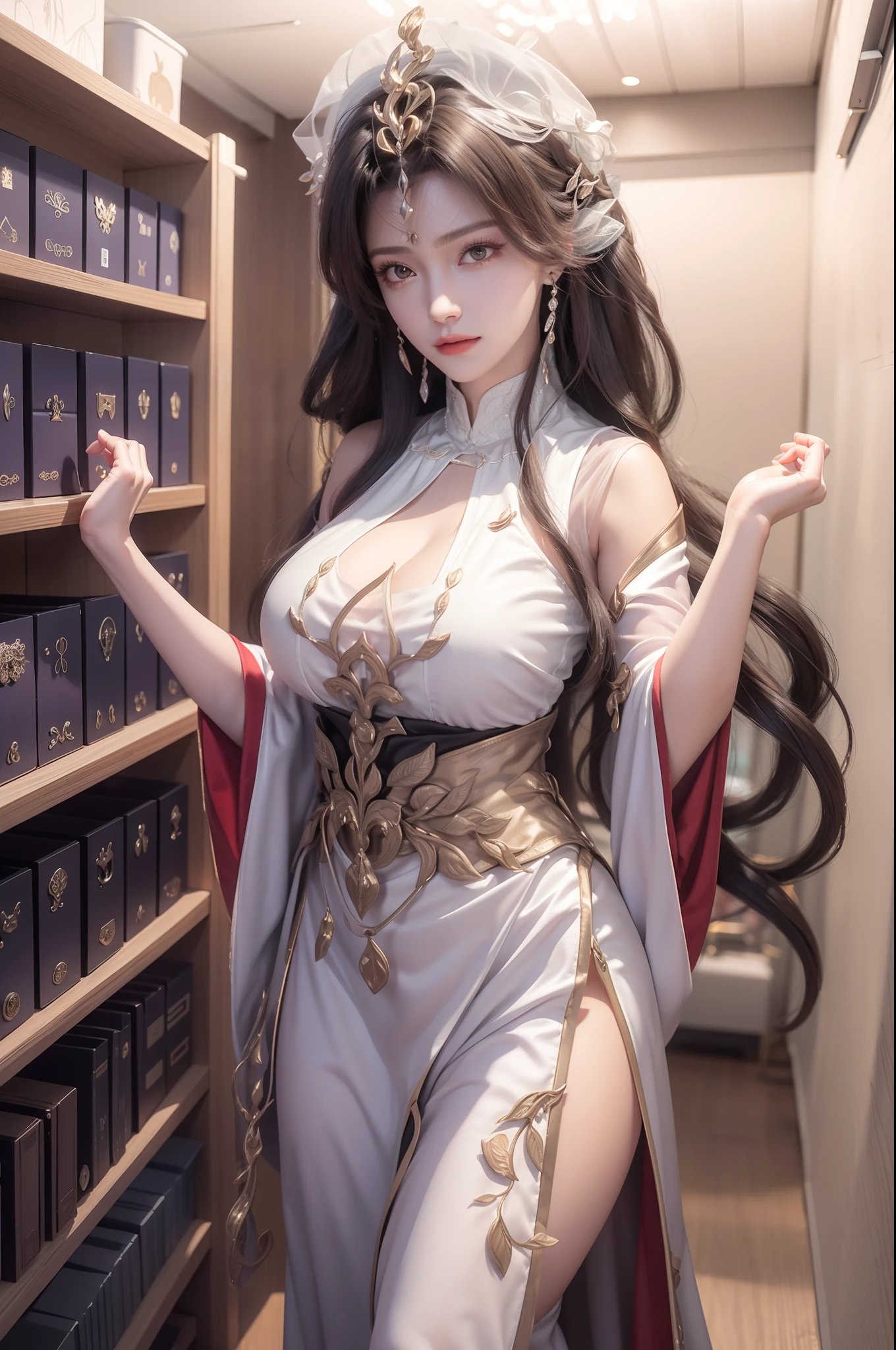 tmasterpiece，Best picture quality，HD 8K wallpaper，Beautiful picture，Elegant single woman，Round dress，Shiny eyes，Detail at its best，An exquisite masterpiece，Pure beauty and lightness，Moderately aesthetic，Gentle and elegant，Attention to detail，Reddish brown lace round dress，Immortal，huge tit，sitted，Full body capture，